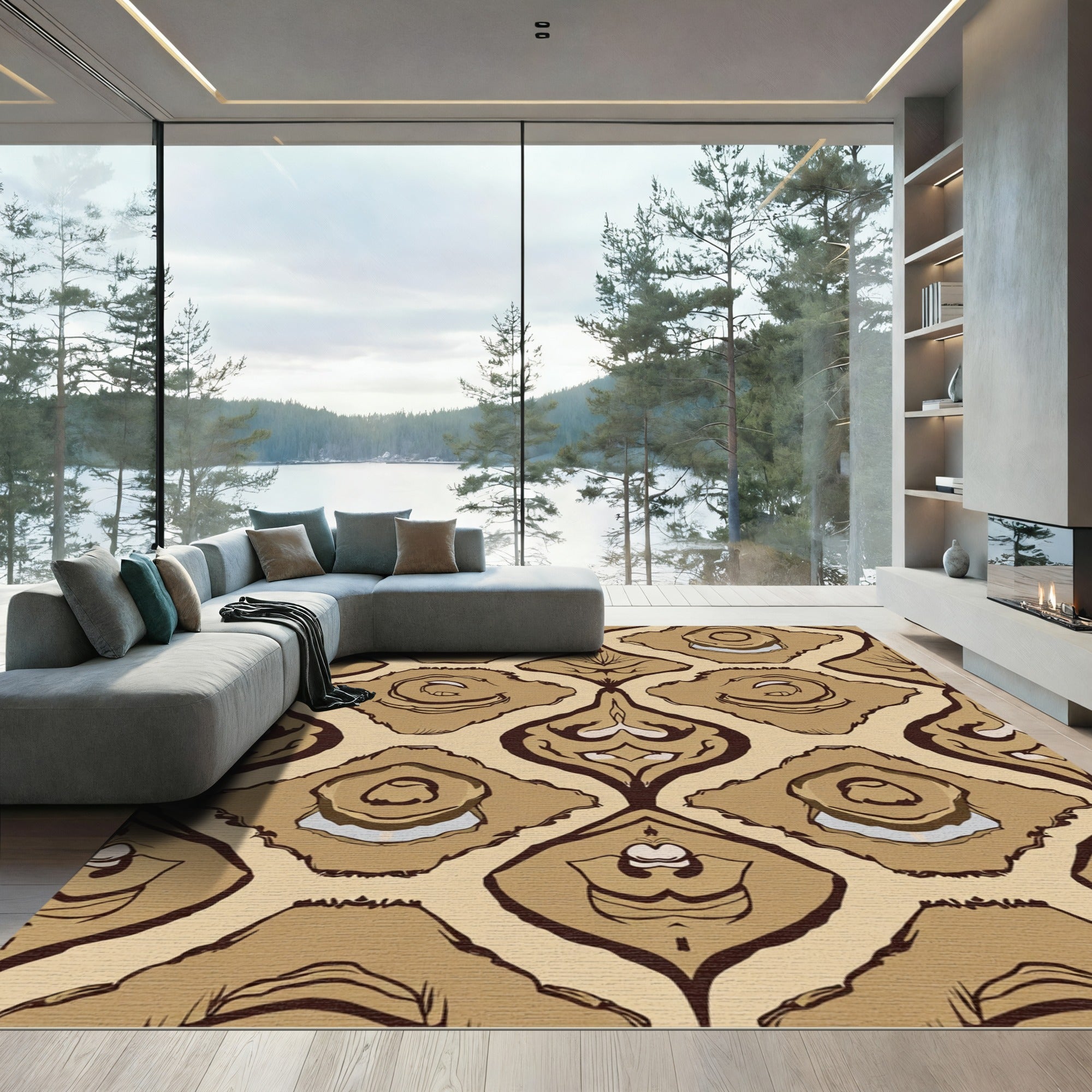 Earthy Ochre Abstract Ikat Overlay Rug