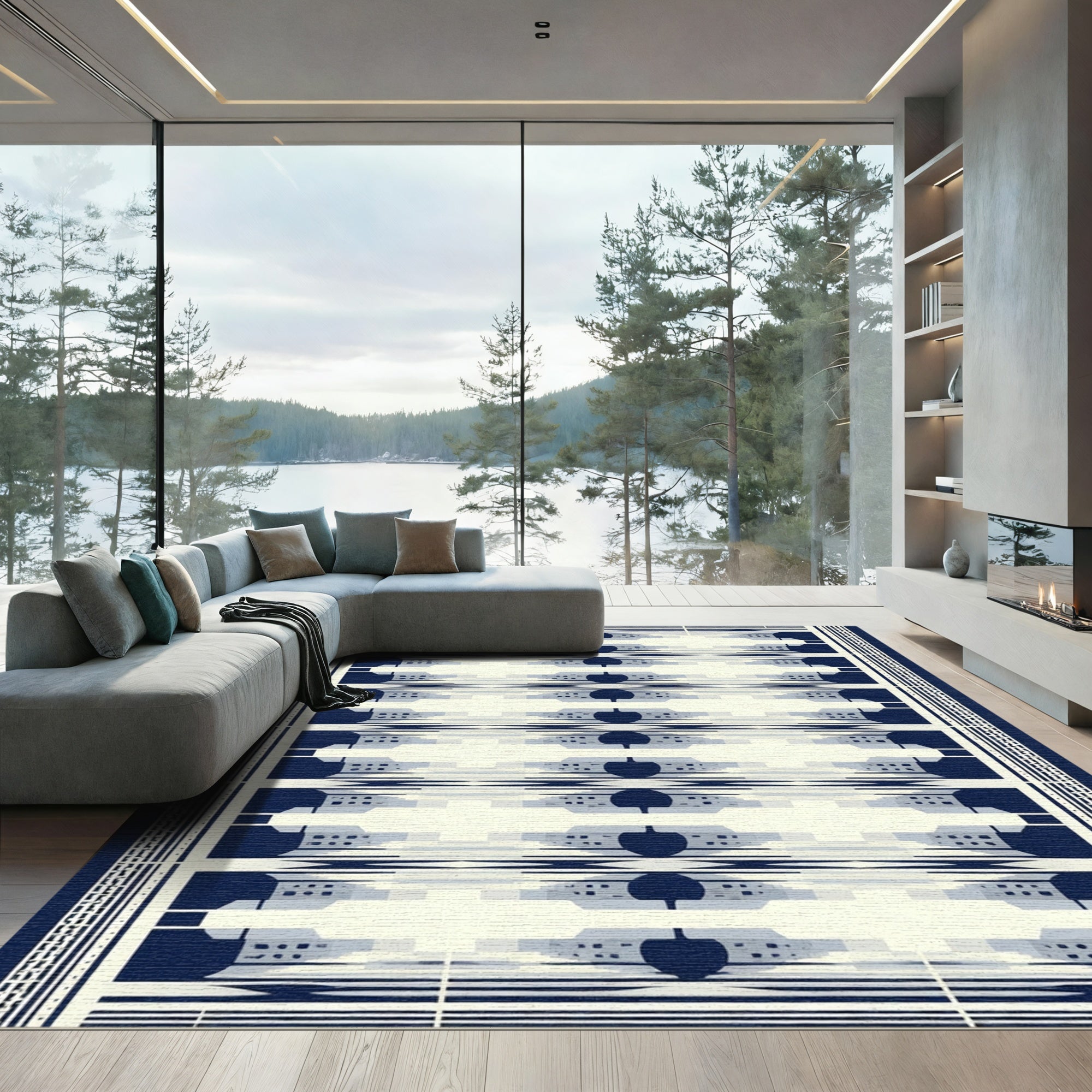 Navy Blue Modern Geometric Abstract Rug