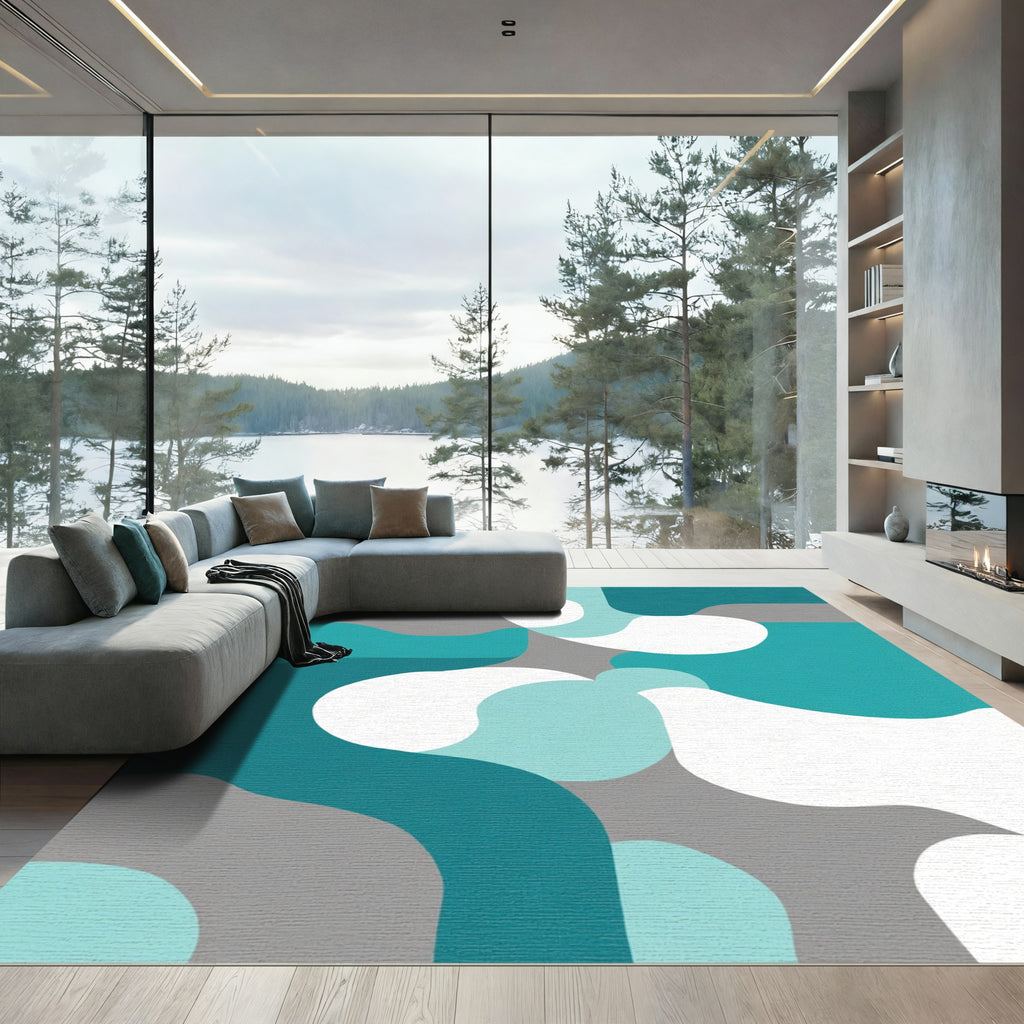 Teal Gray Abstract Organic Flow Rug