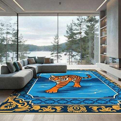 Bold Orange Tiger Blue Landscape Border Rug