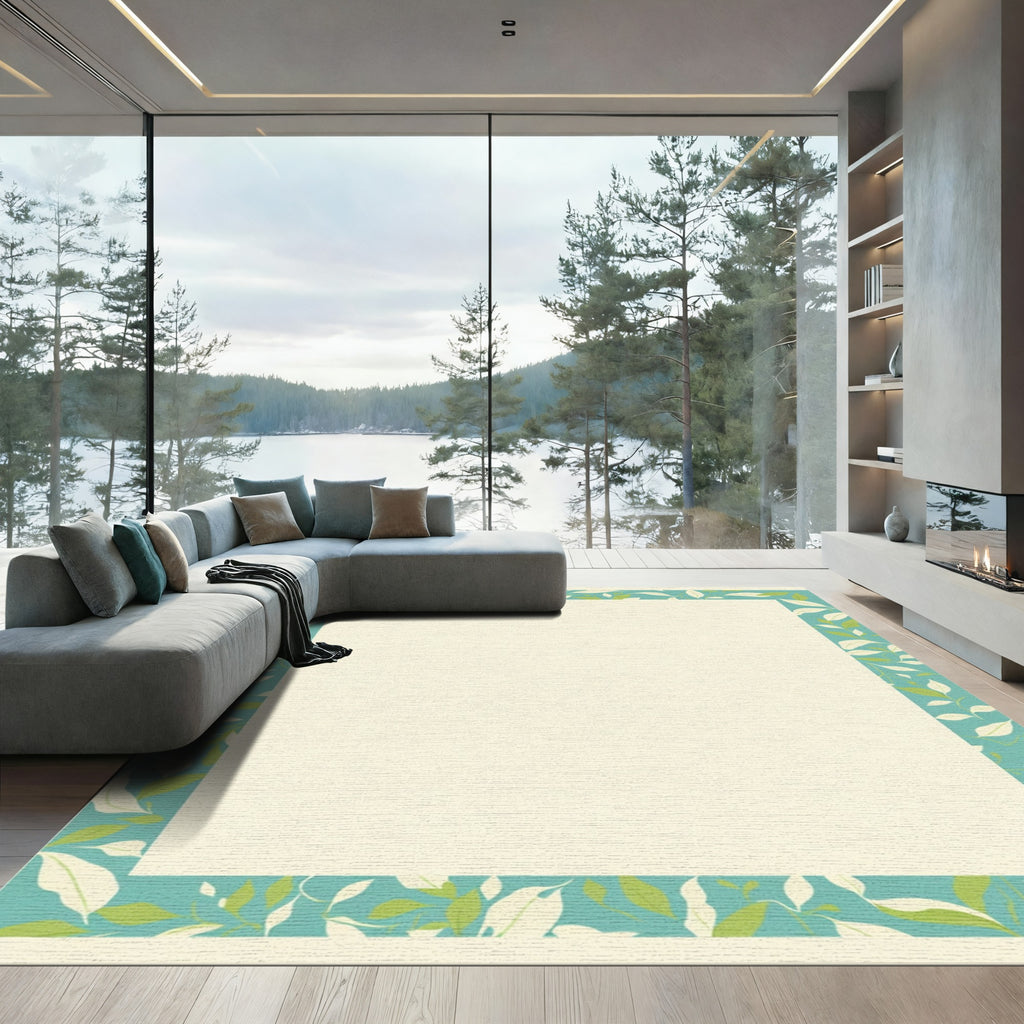 Teal Green Leaf Botanical Frame Rug