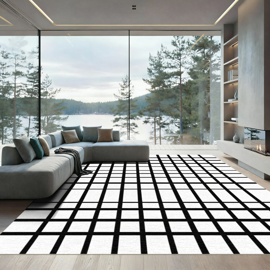 Bold Black White Grid Rug