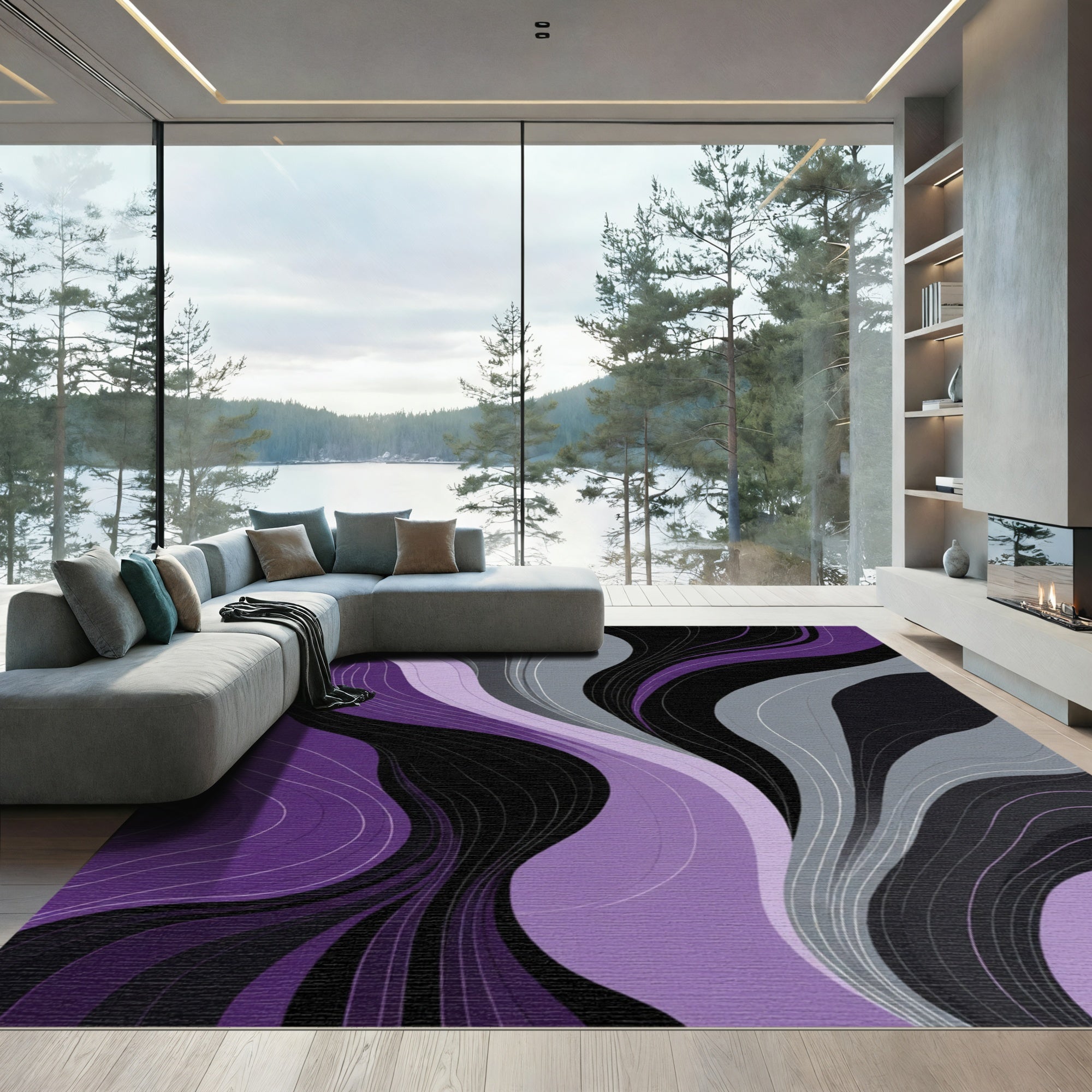 Modern Purple Gray Black Swirls Rug