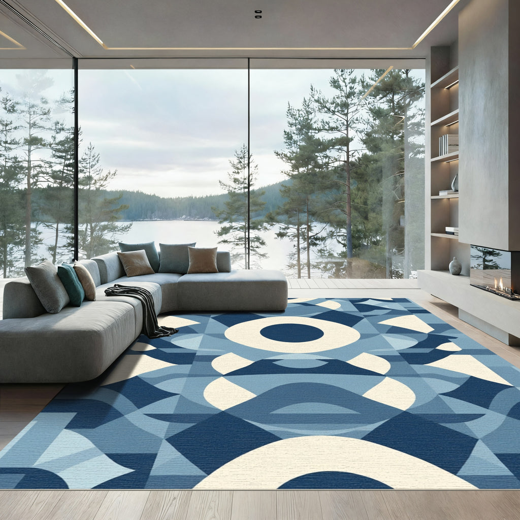 Mid Century Modern Geometric Blue Ochre Rug