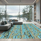 Turquoise Gold Abstract Striped Swirls Rug