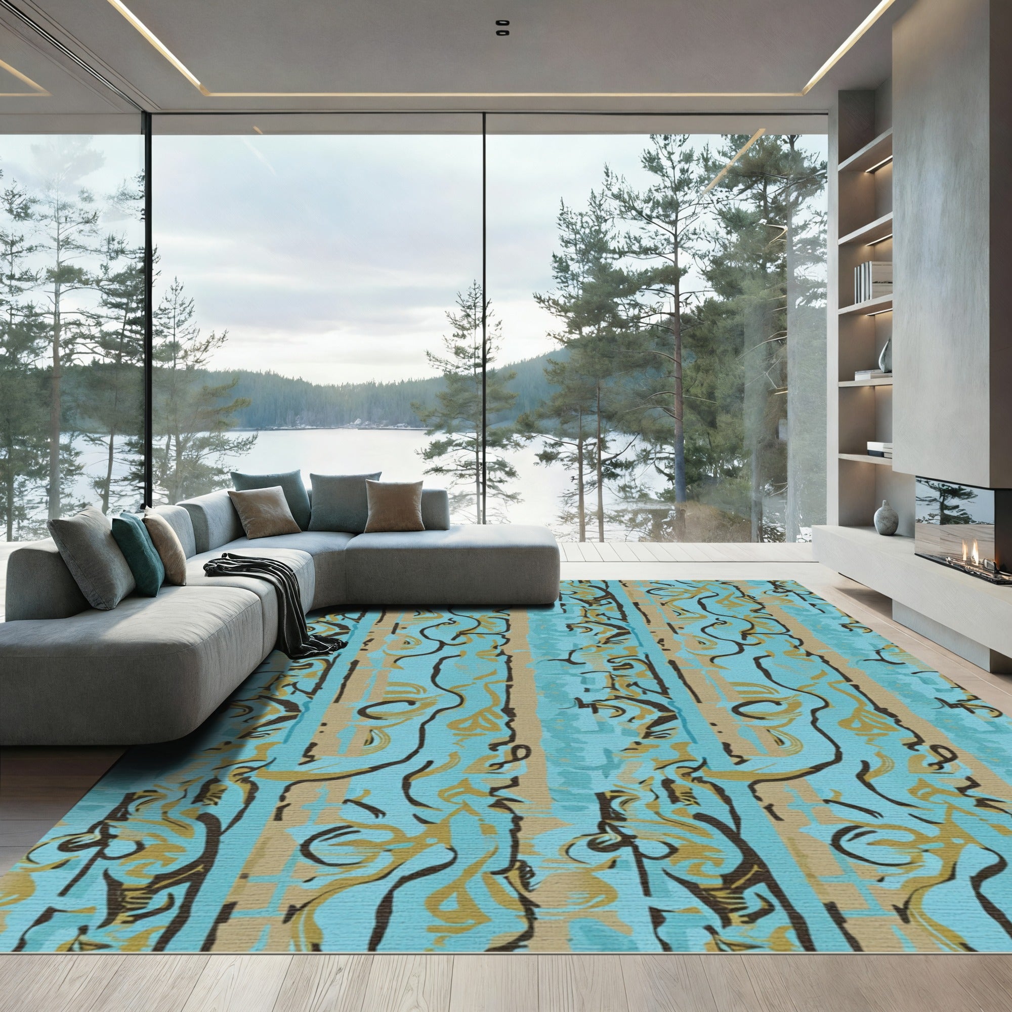 Turquoise Gold Abstract Striped Swirls Rug