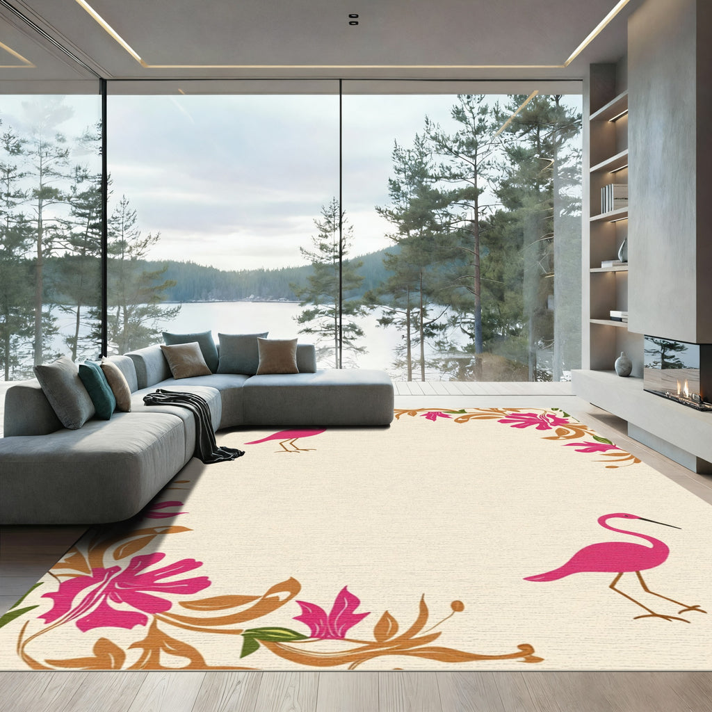 Pink Heron Floral Corner Arrangement Rug