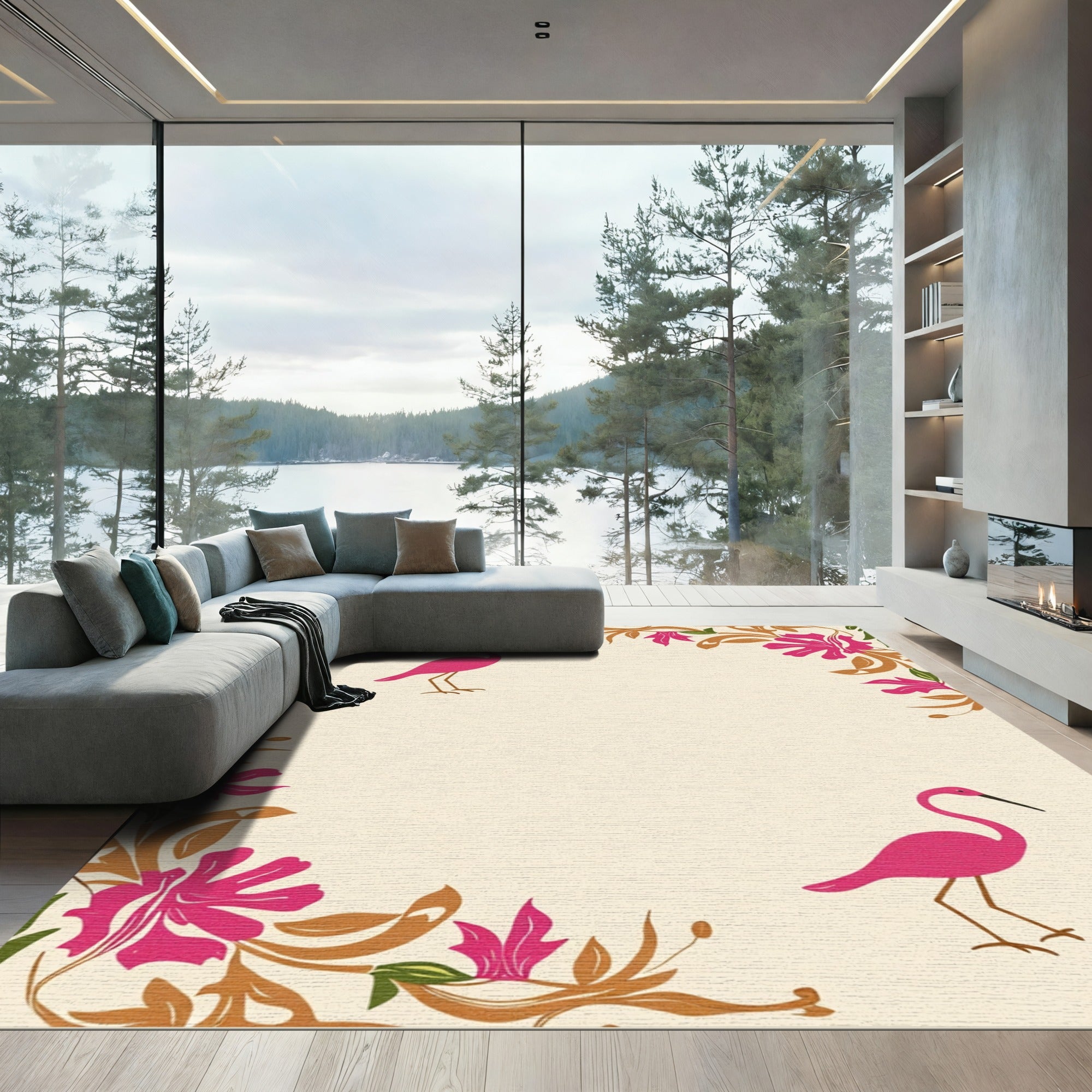 Pink Heron Floral Corner Arrangement Rug