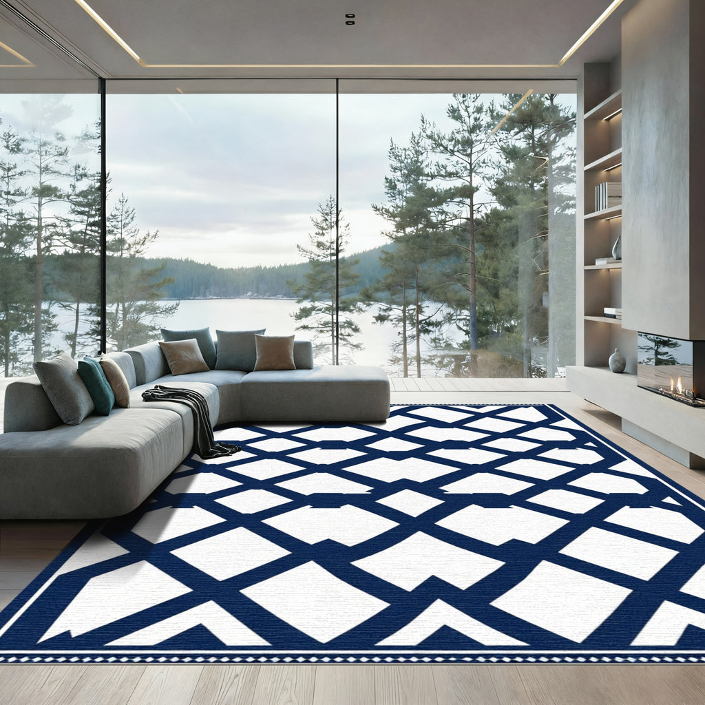 Navy Blue Geometric Lattice Rug
