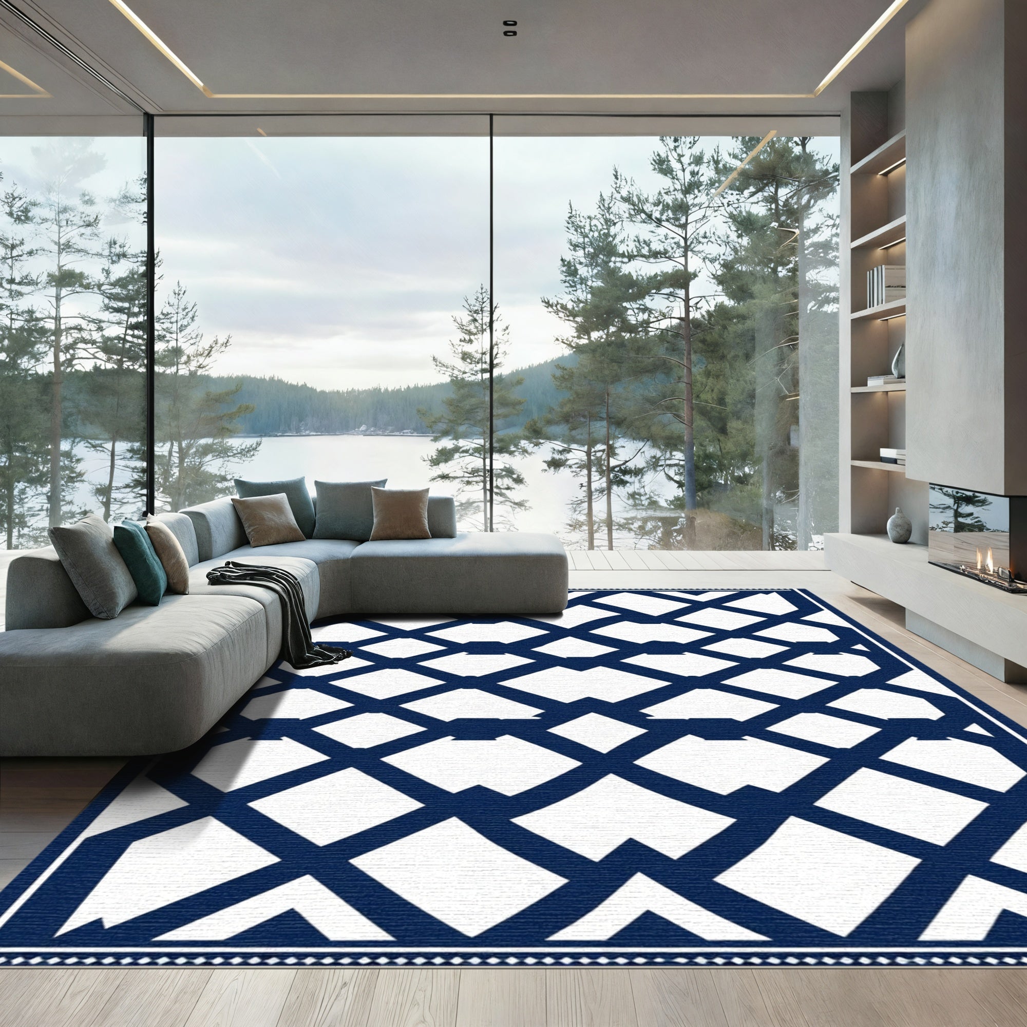Navy Blue Geometric Lattice Rug