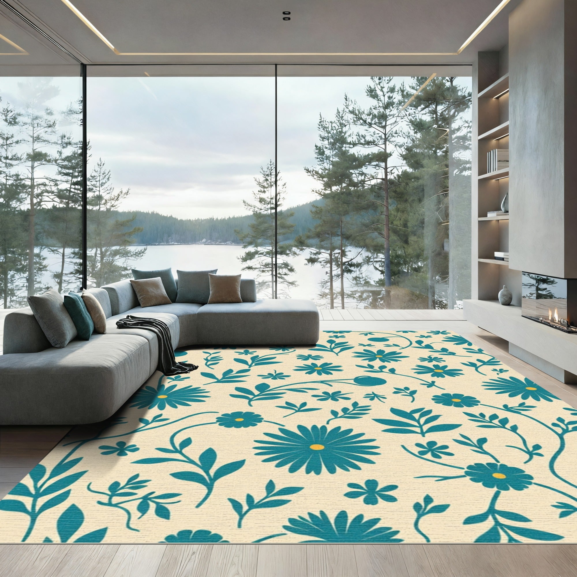 Teal Floral Vine Garden Rug