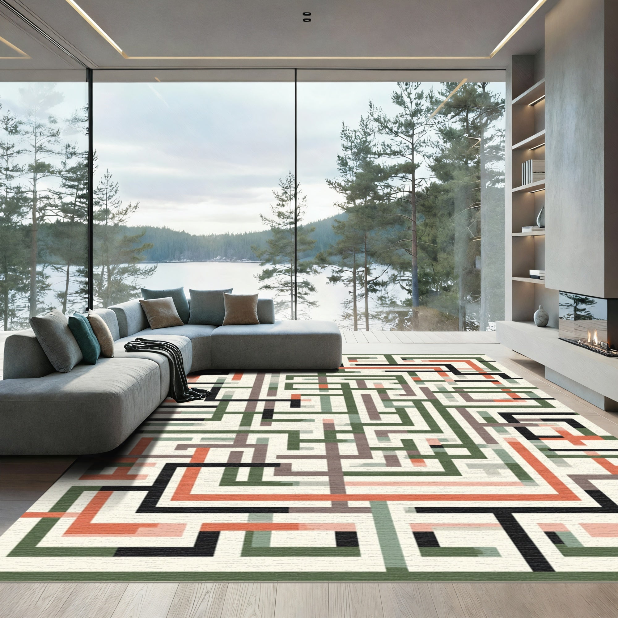 Geometric Maze Lines Brick Rug