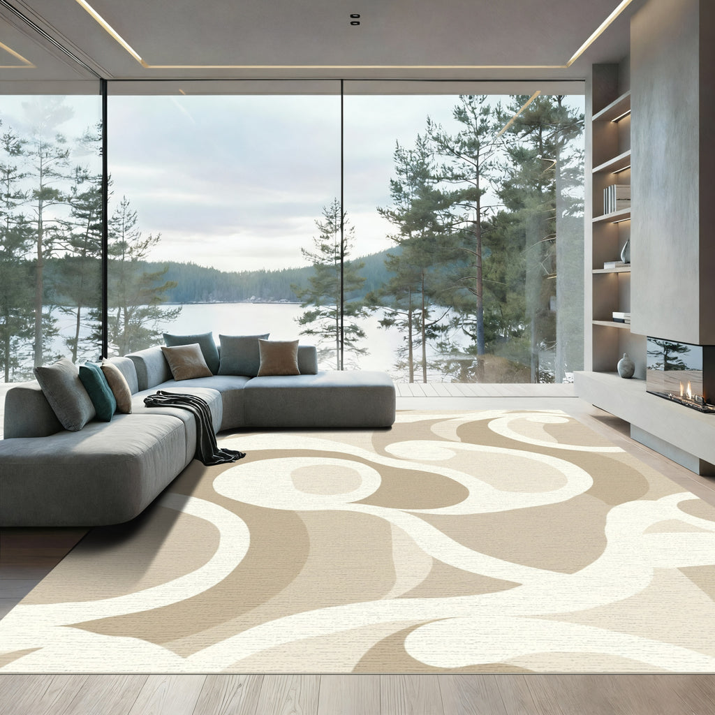 Cream Swirl Abstract Organic Form Rug