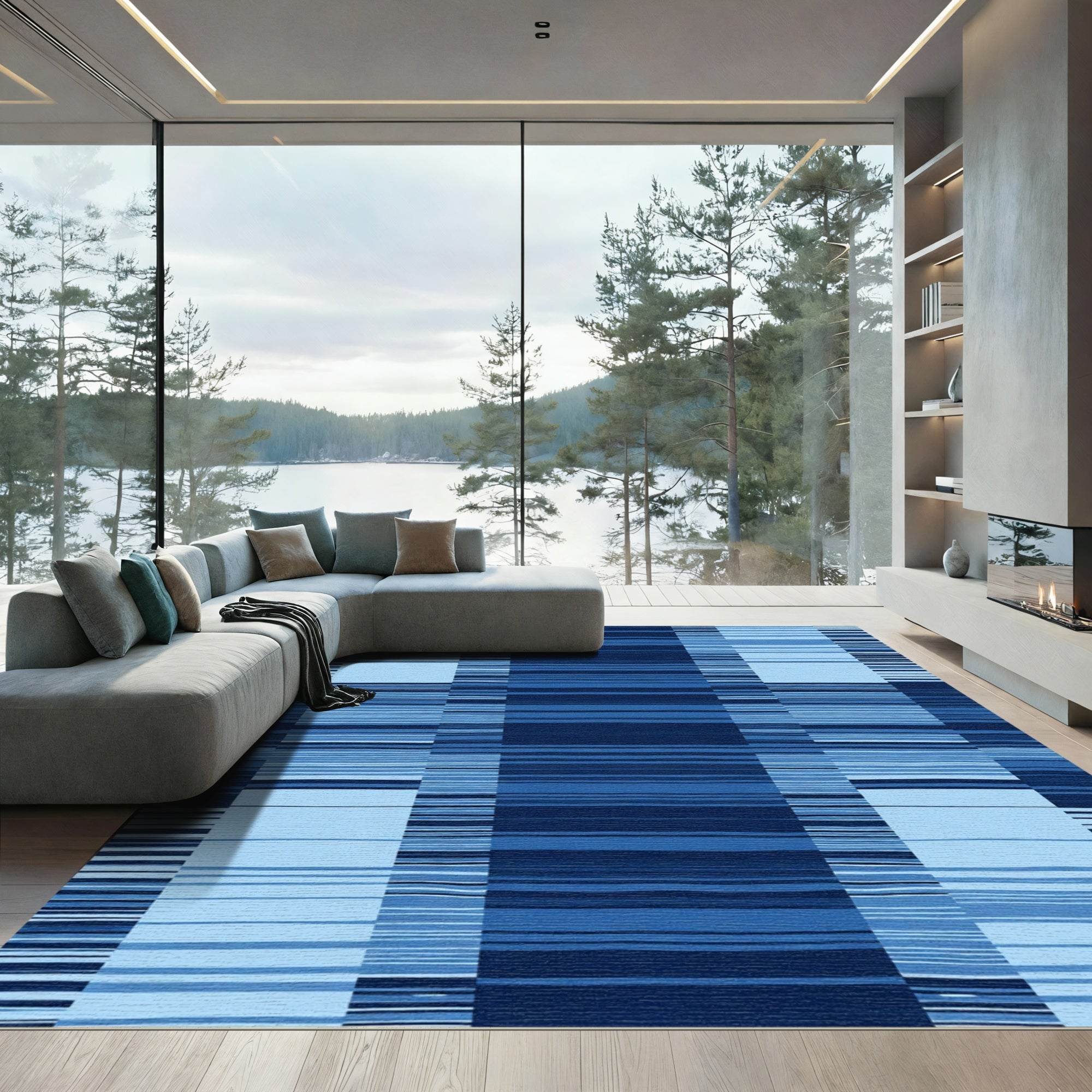 Deep Blue Gridded Horizontal Stripe Rug