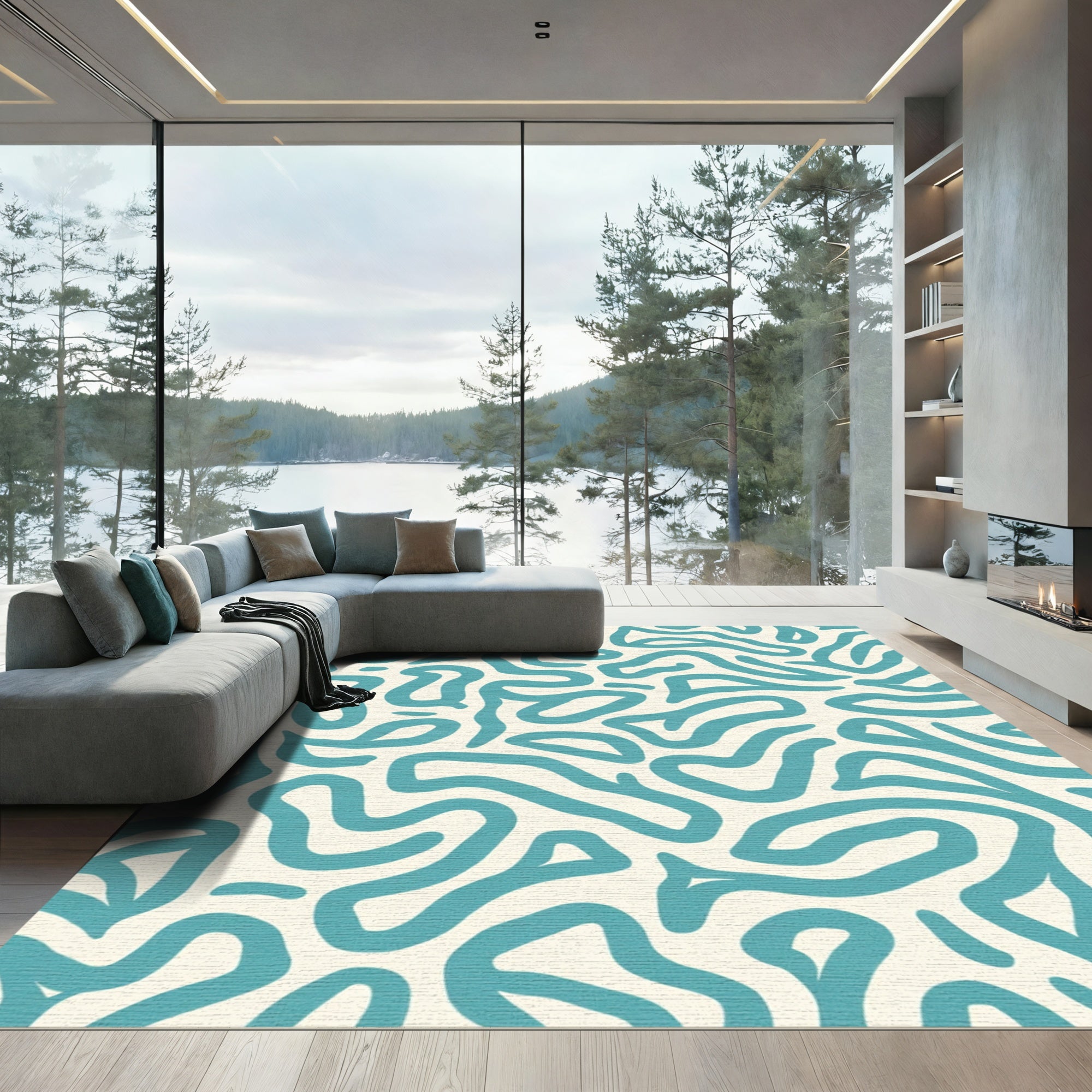 Teal Organic Wavy Abstract Rug