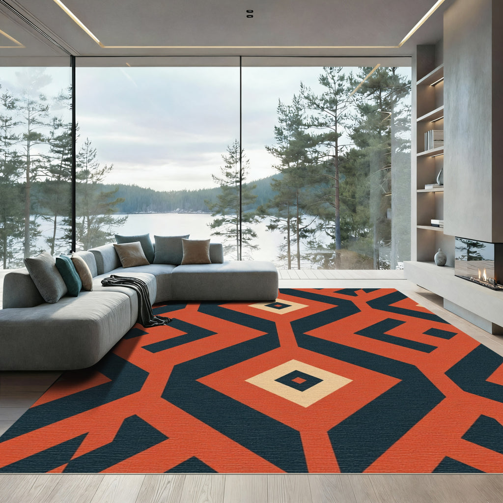 Geometric Amber Teal Diamond Pattern Rug