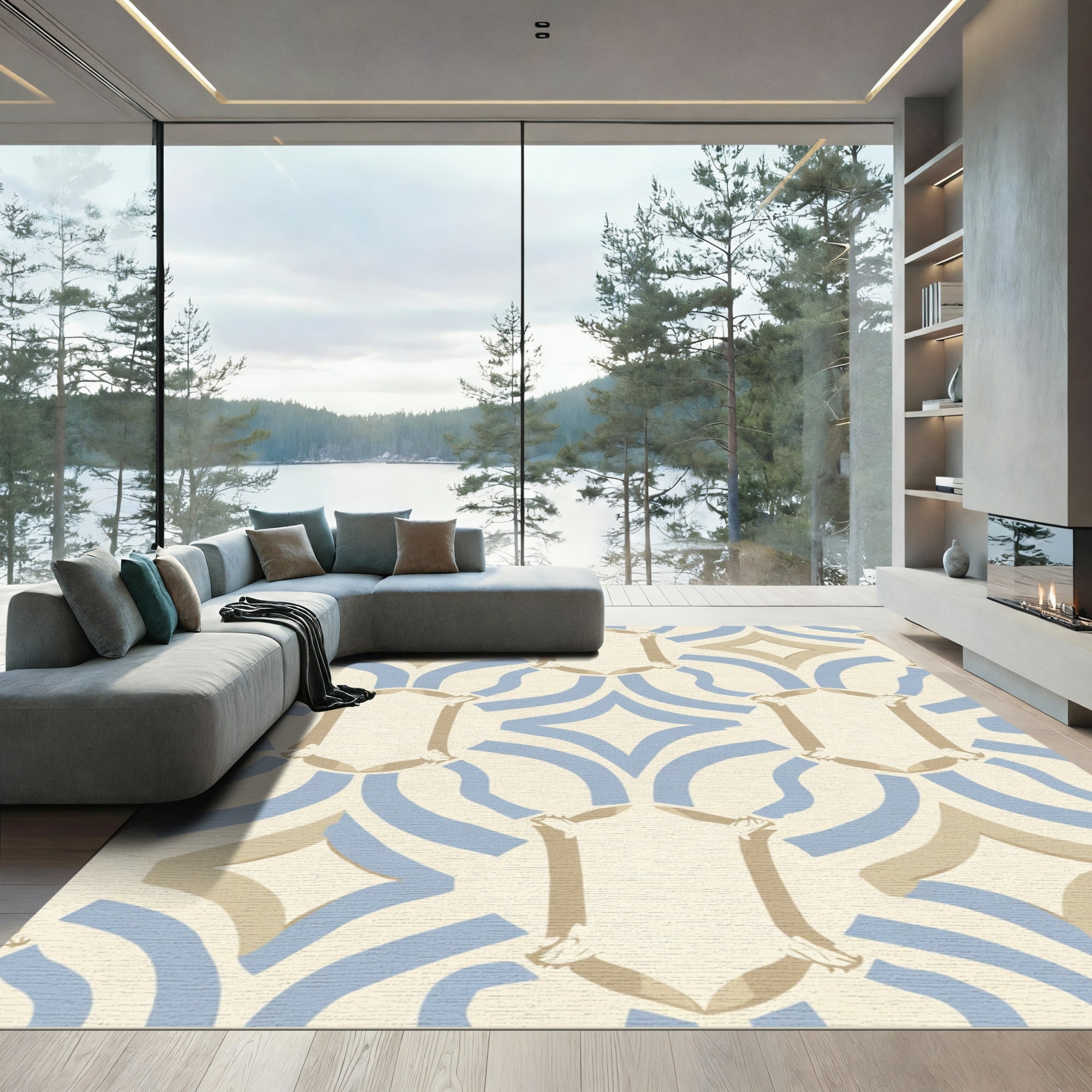 Pale Blue Tan Arch Medallion Rug