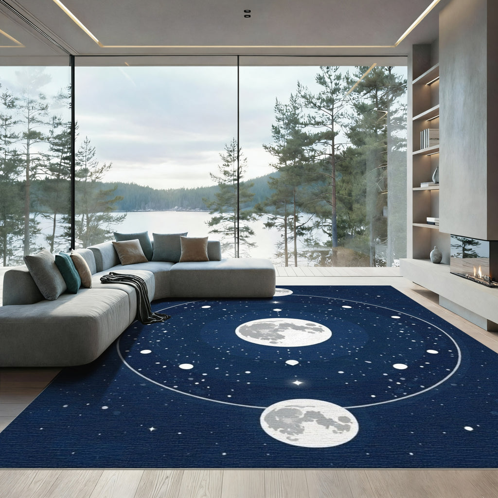 Deep Blue Lunar Phases Night Sky Rug