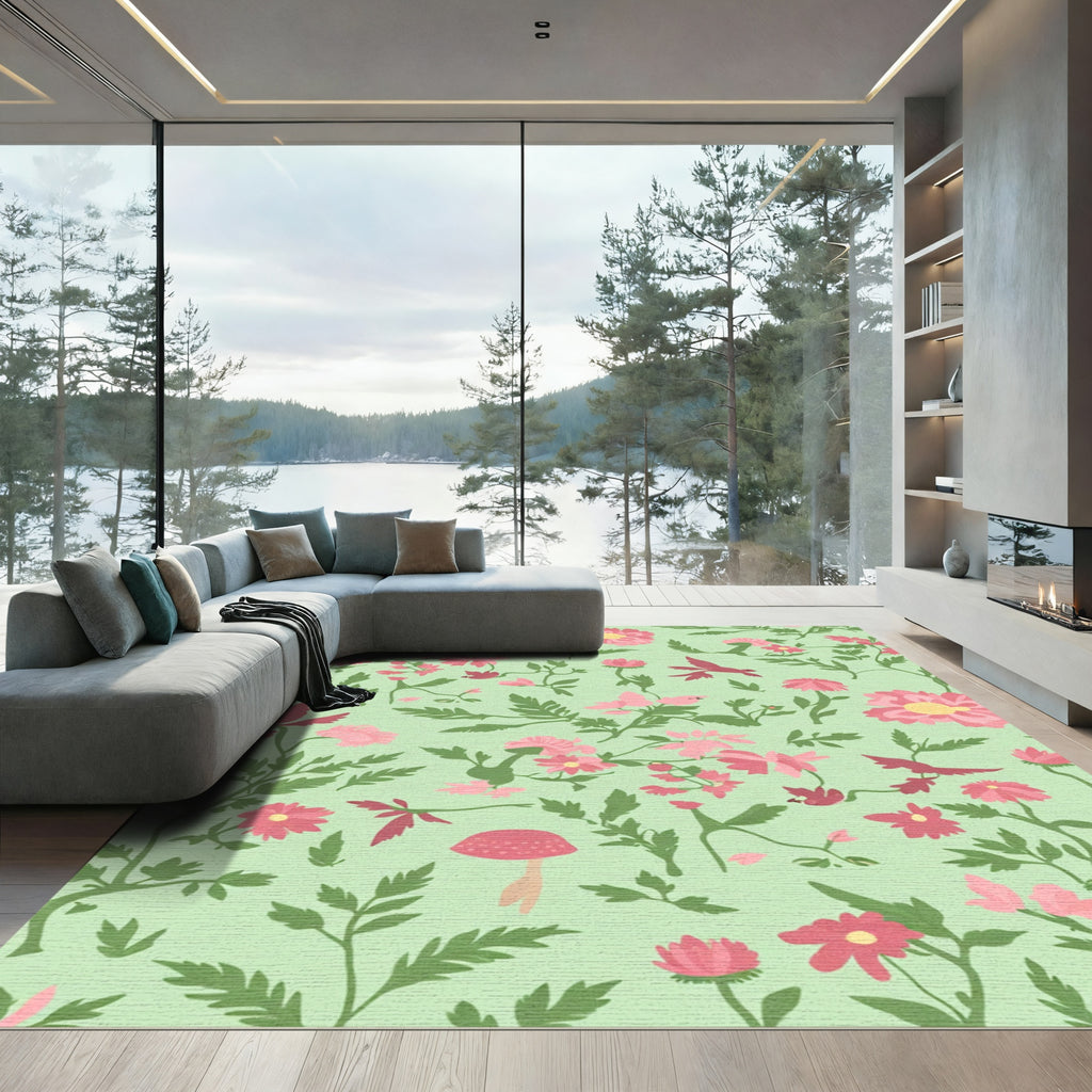 Pink Floral Birds Green Background Rug