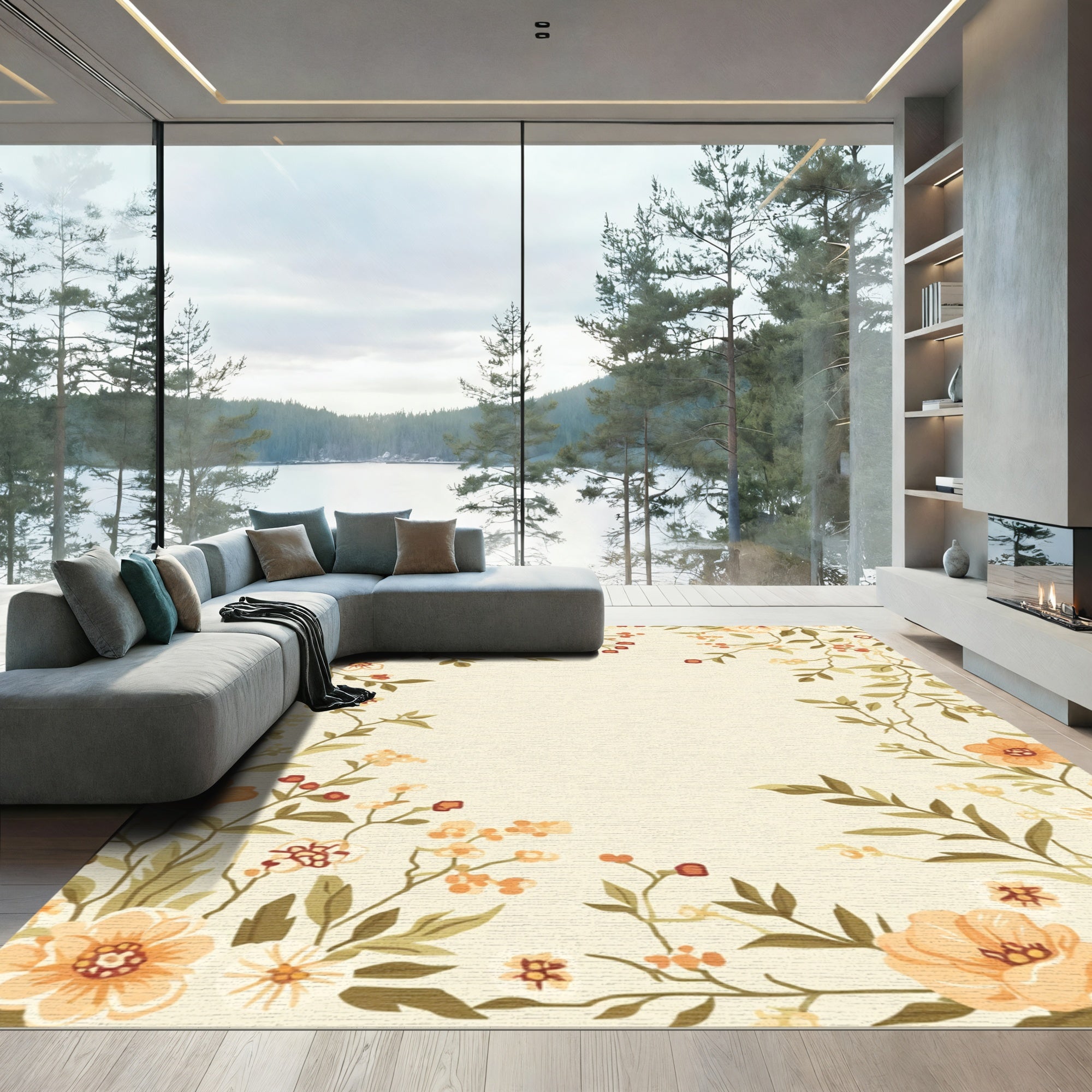 Peach Floral Berry Vine Border Rug