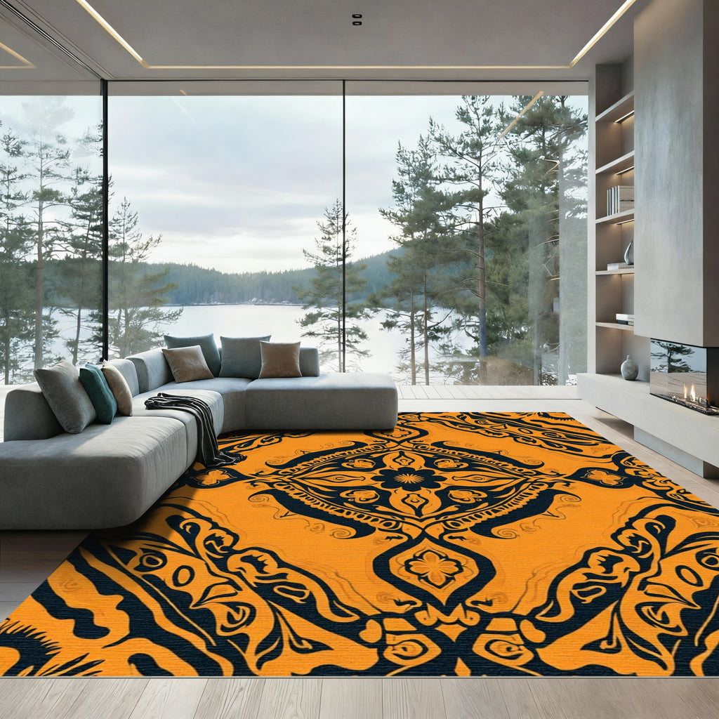 Orange and Black Paisley Floral Medallion Rug