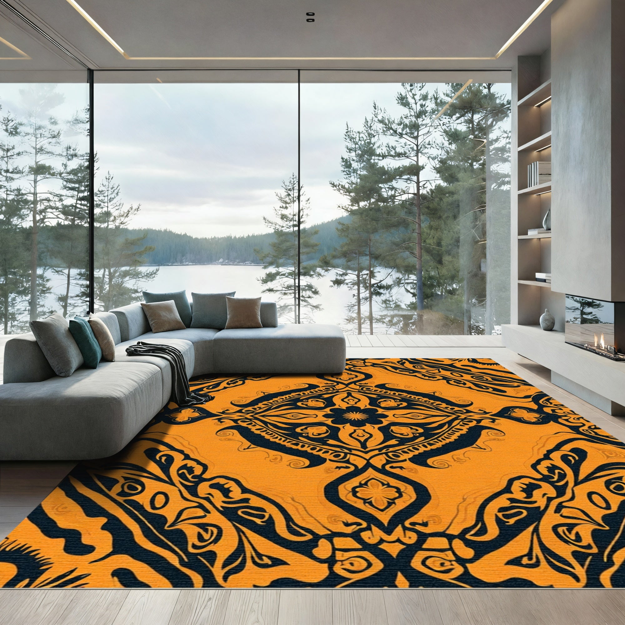 Orange and Black Paisley Floral Medallion Rug