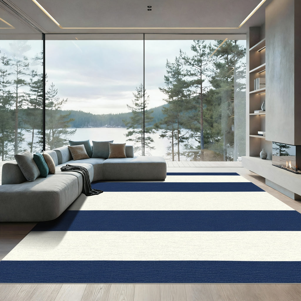 Bold Navy Cream Horizontal Stripe Rug
