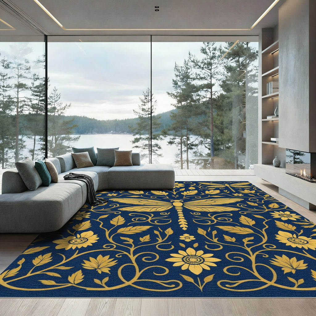 Golden Dragonfly Garden Blue Rug