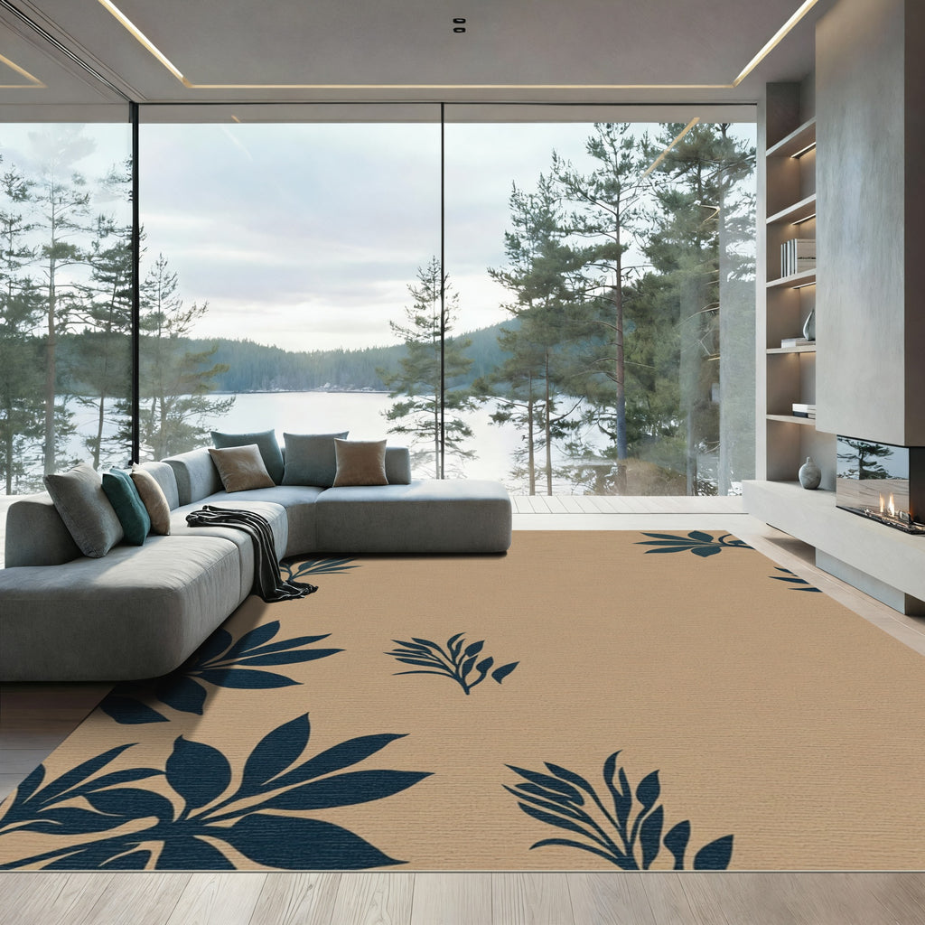 Deep Blue Botanical Branch Motif Rug