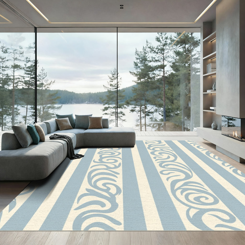 Soft Blue Stripe Scroll Rug