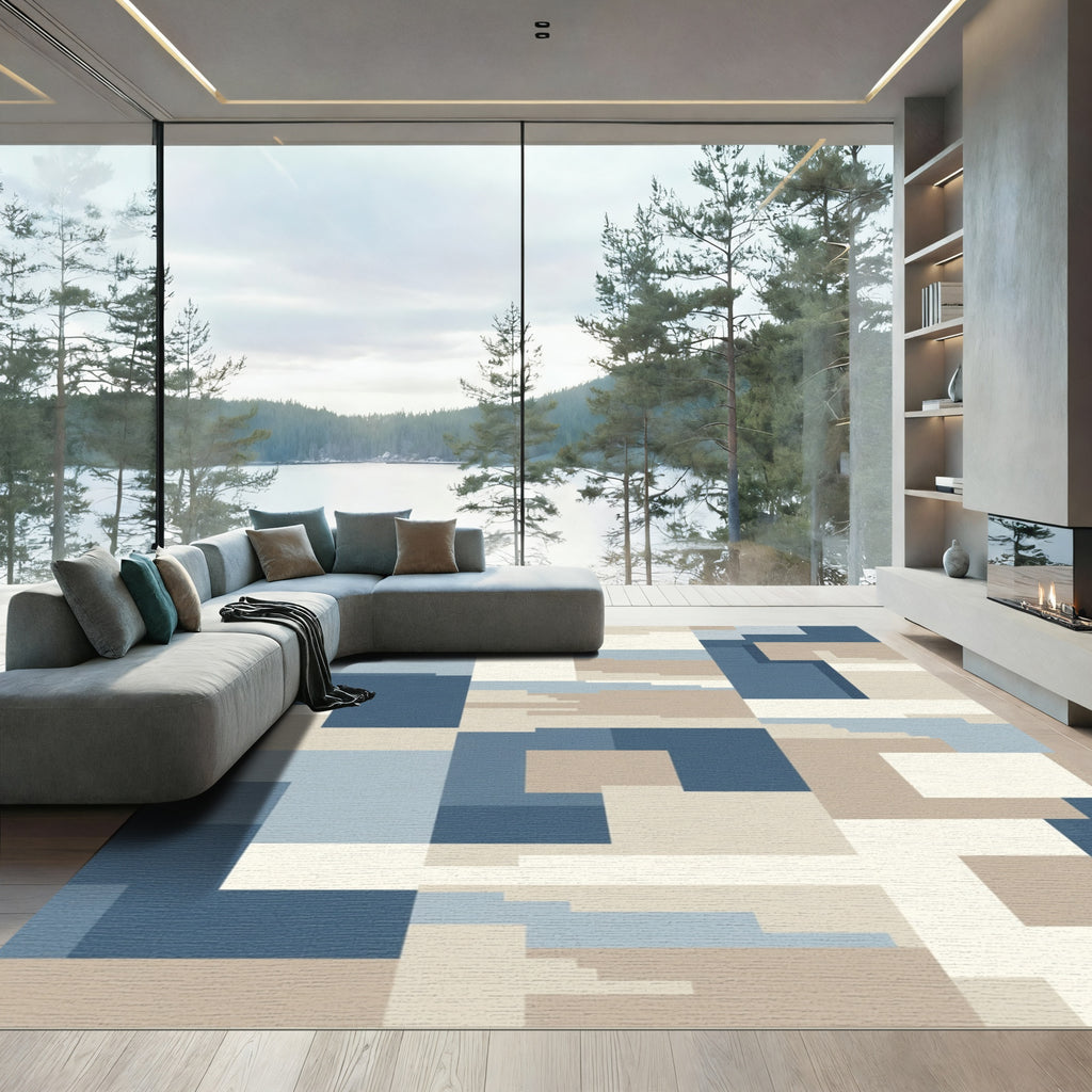 Abstract Blue Tan Geometric Blocks Rug