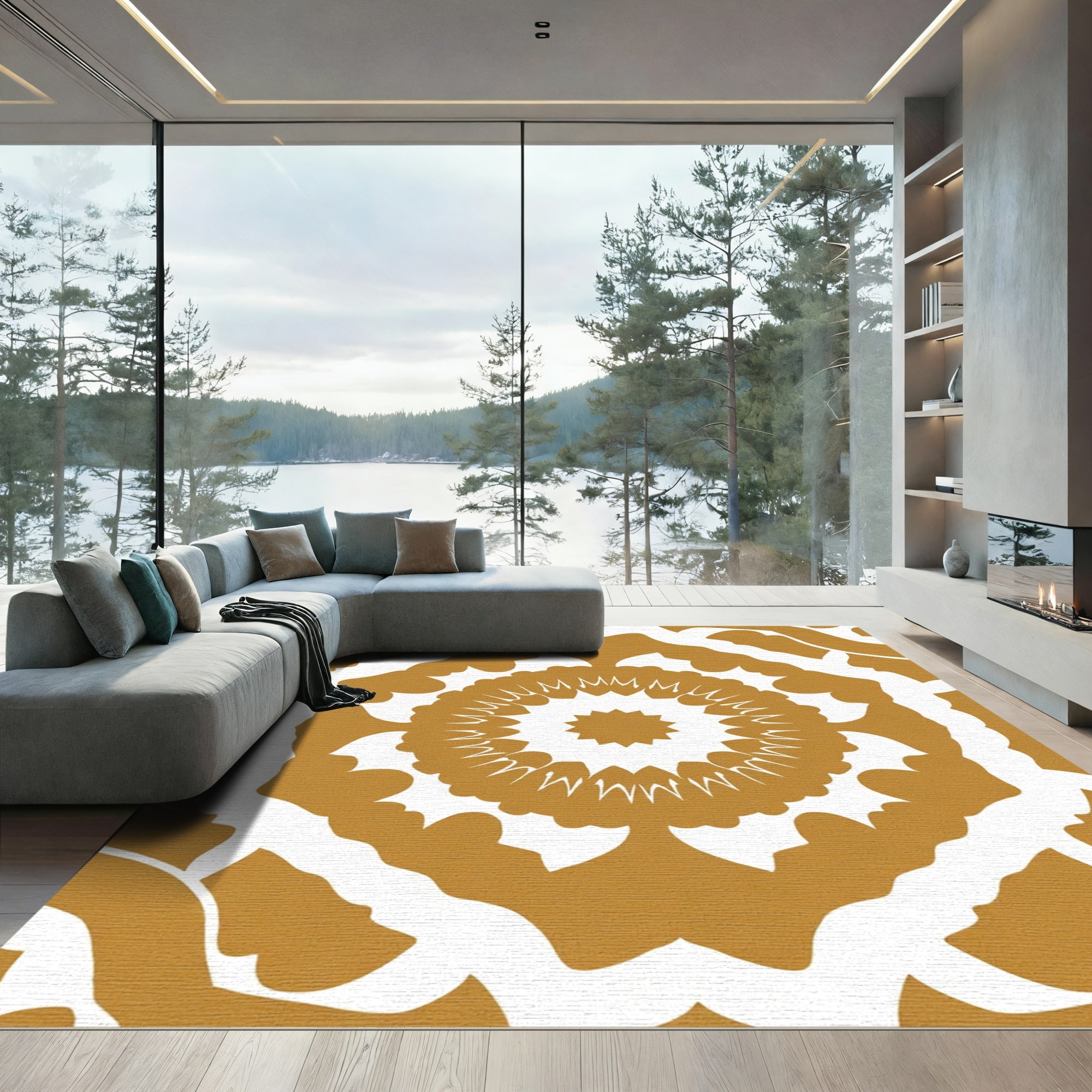 Golden White Starburst Medallion Rug