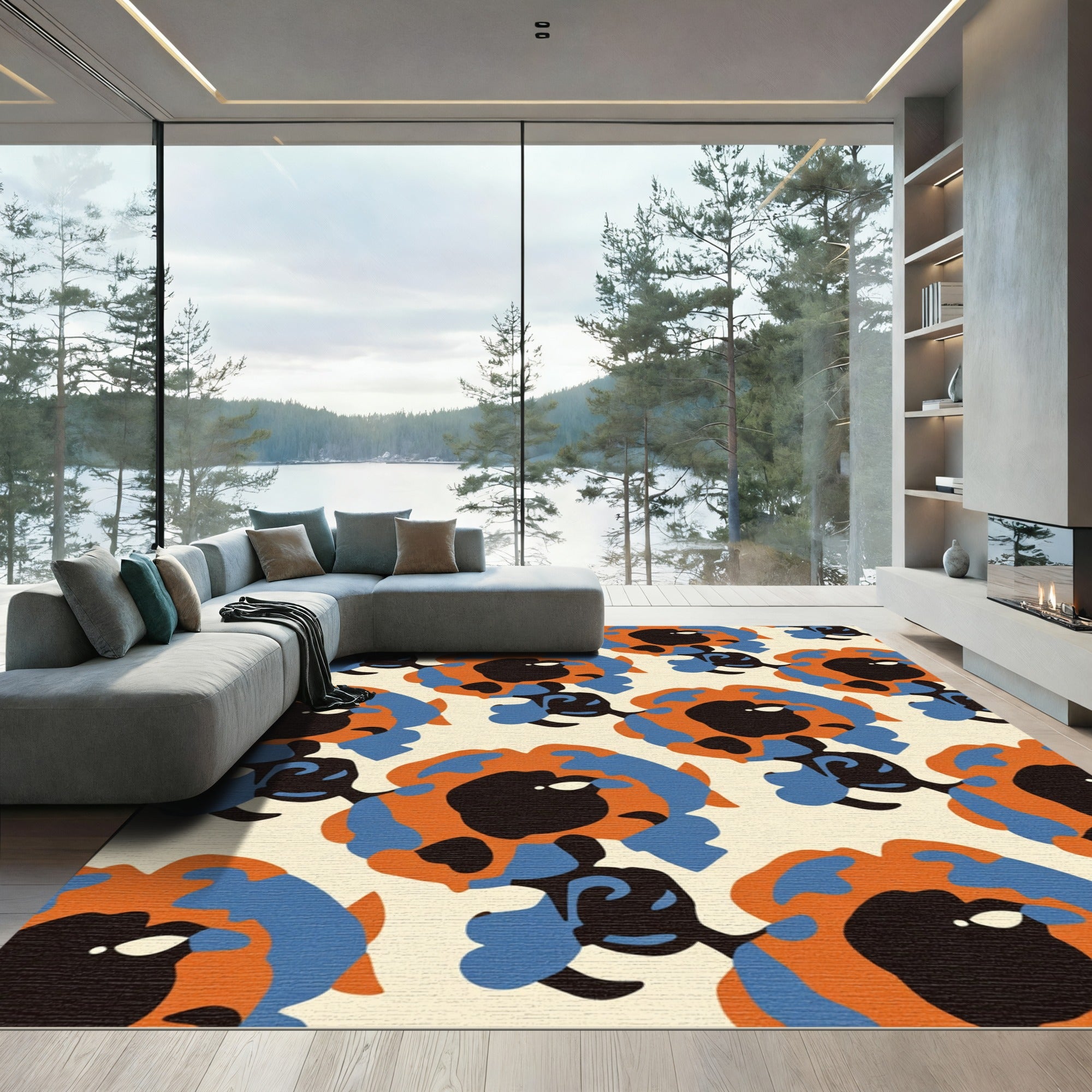Orange Blue Abstract Floral Repeat Rug