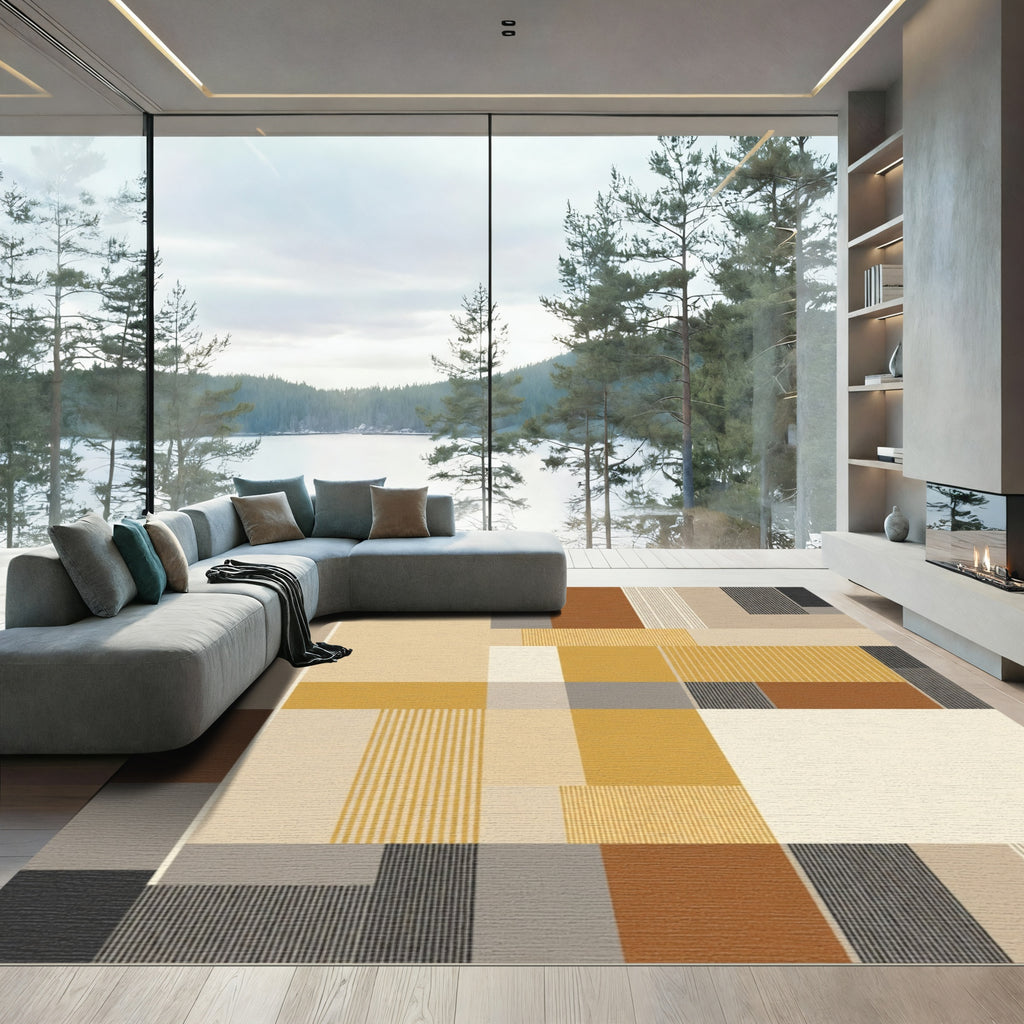 Geometric Blocks Golden Ochre Terracotta Rug