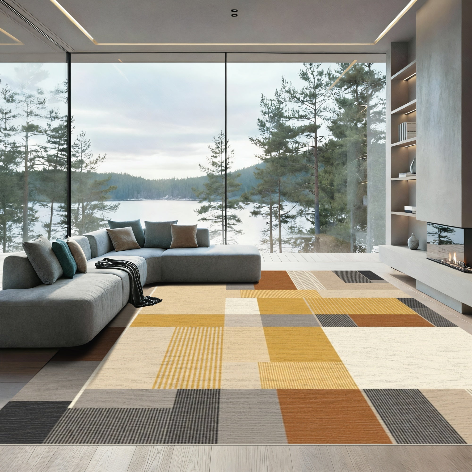Geometric Blocks Golden Ochre Terracotta Rug