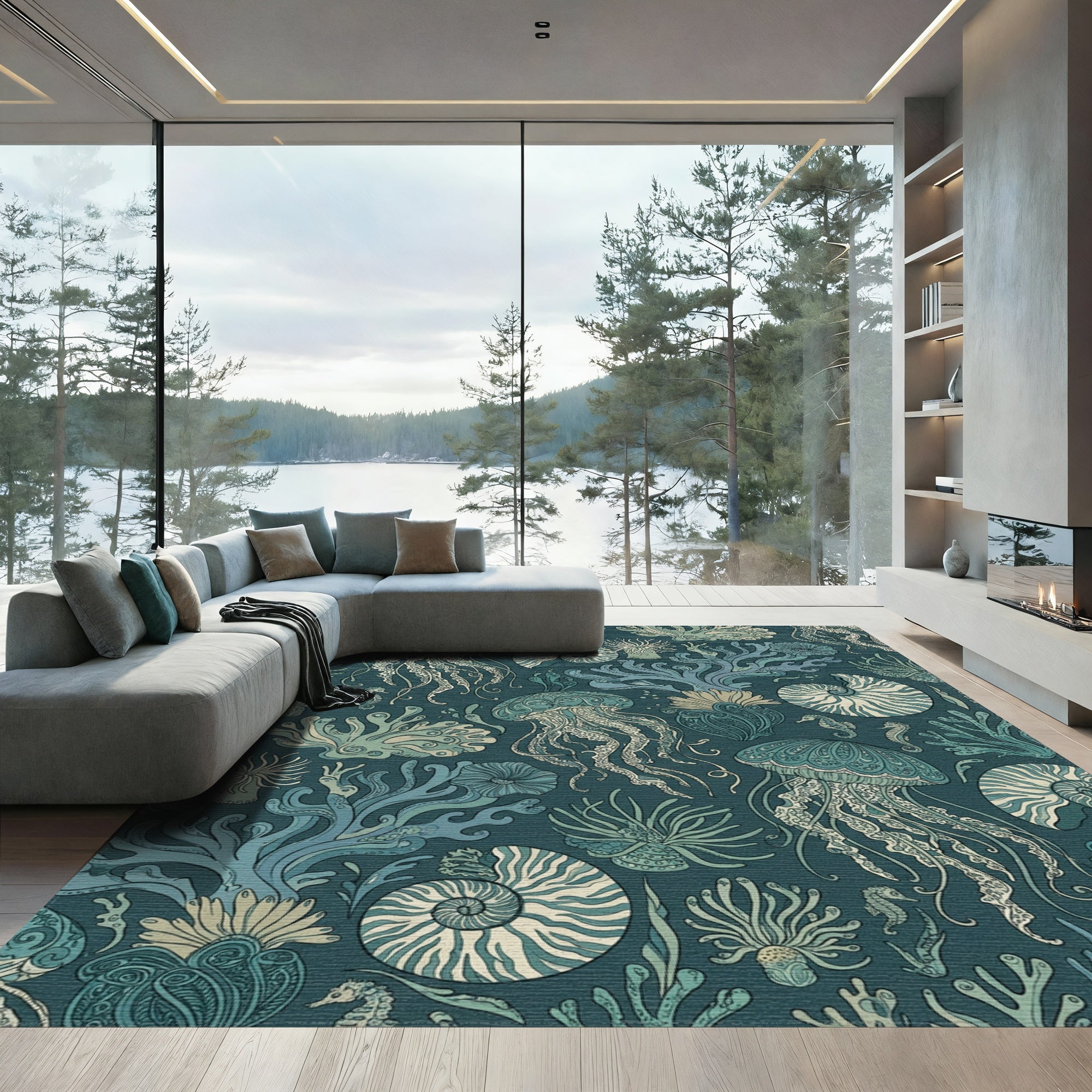 Oceanic Jellyfish Coral Nautilus Seascape Rug