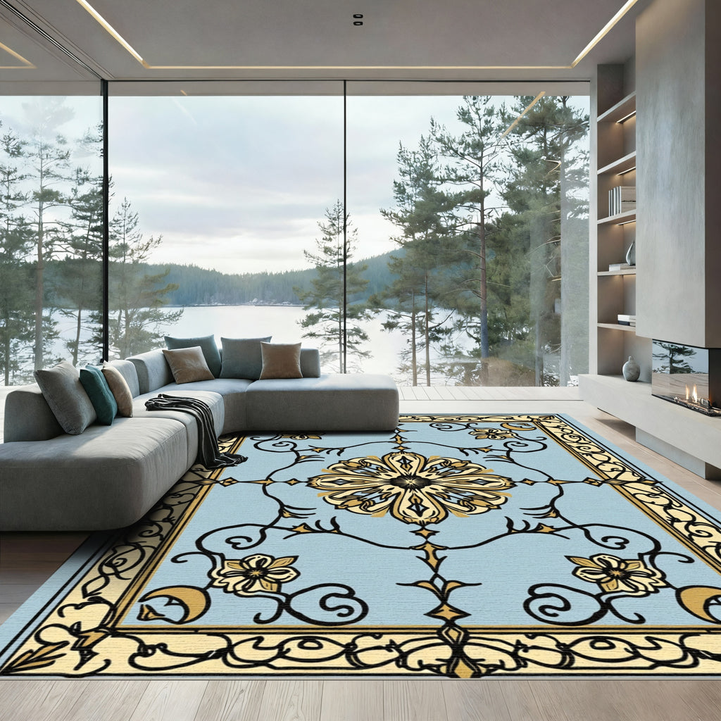 Pale Blue Golden Floral Medallion Rug