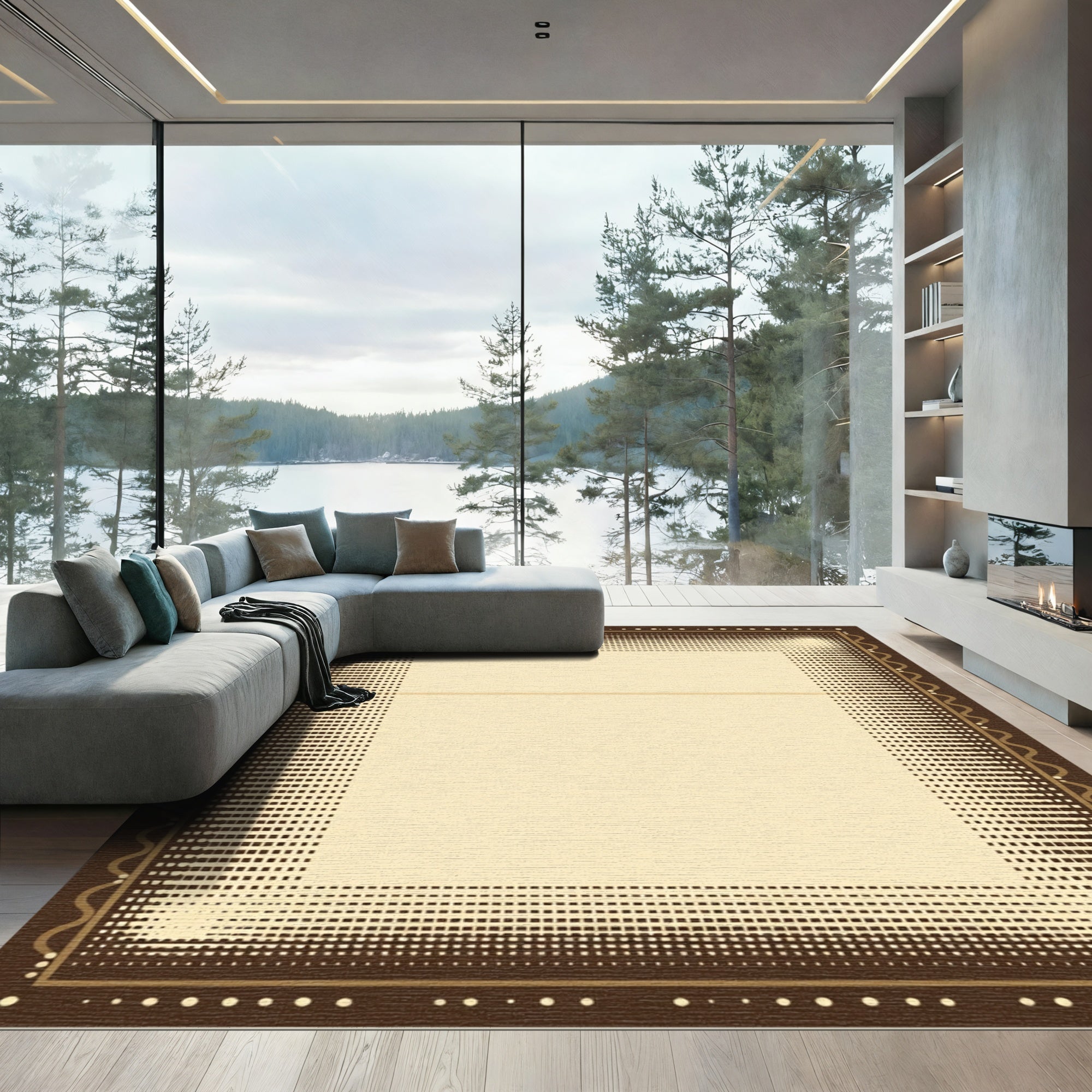 Brown Cream Halftone Dot Border Rug