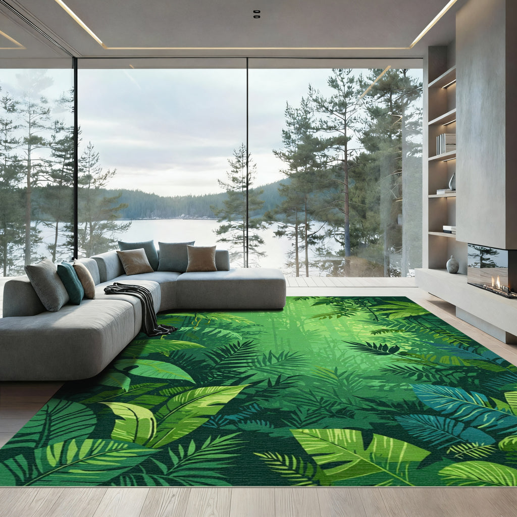 Lush Green Tropical Jungle Foliage Rug