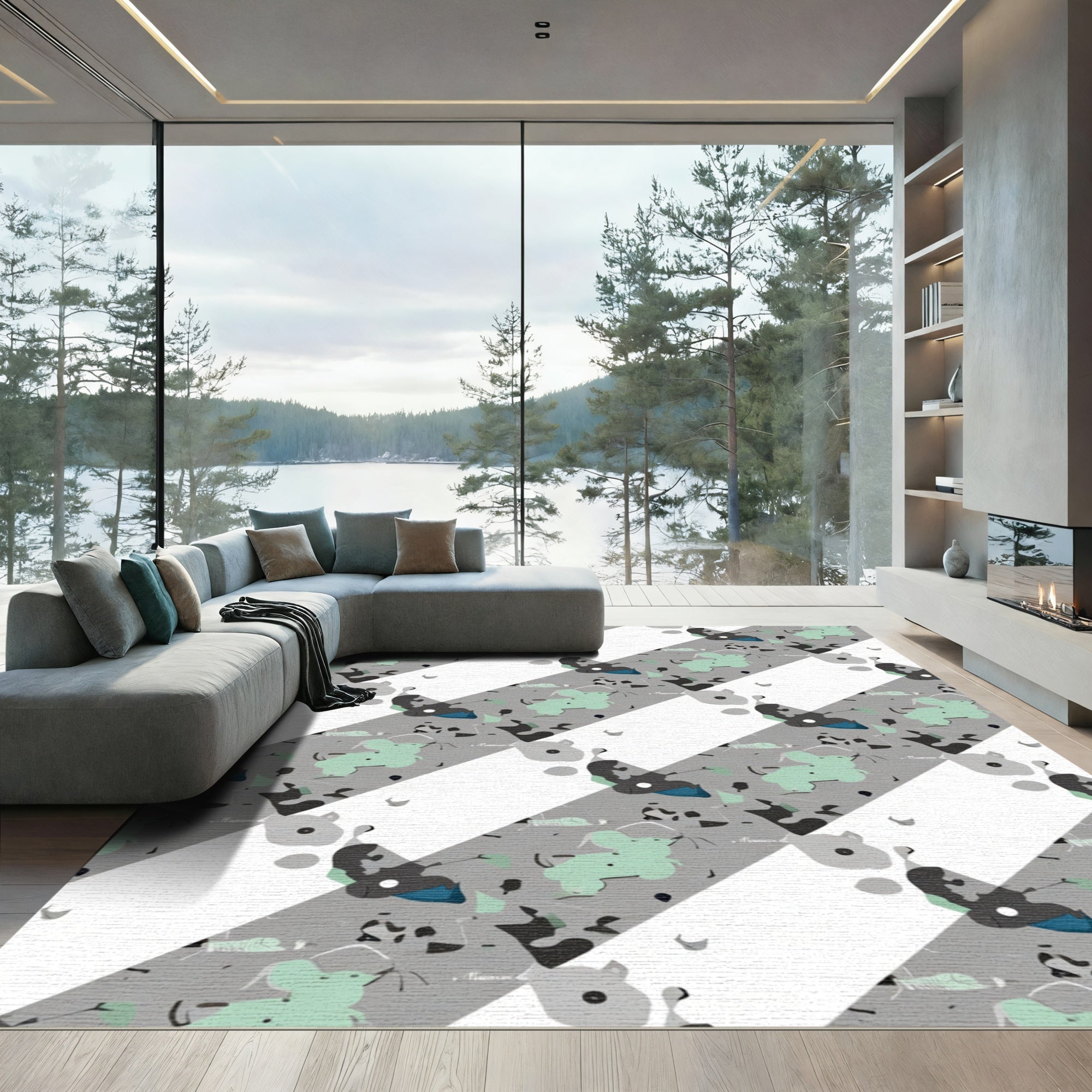 Abstract Gray Mint Diagonal Stripes Rug