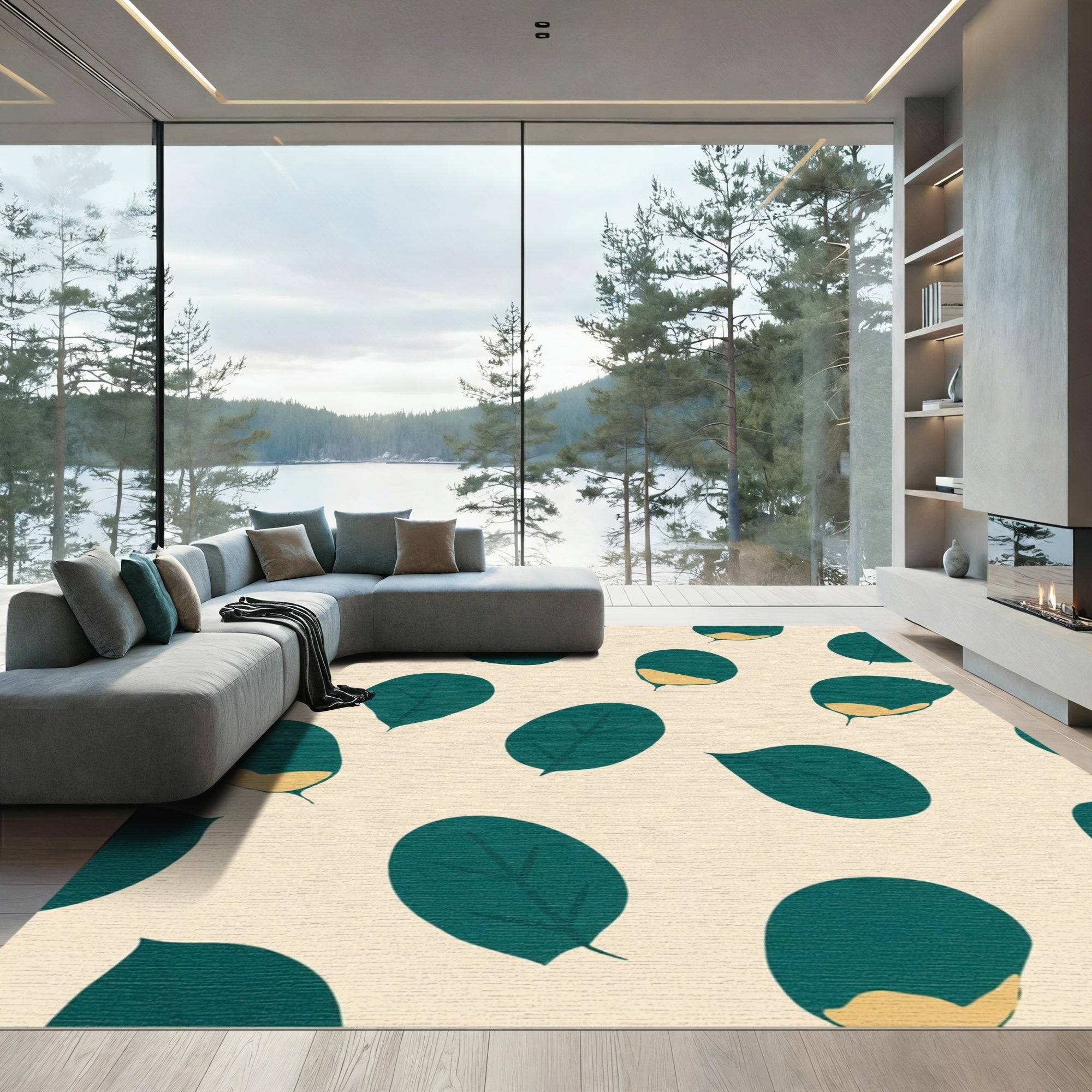 Teal Leafy Abstract Cream Background Rug