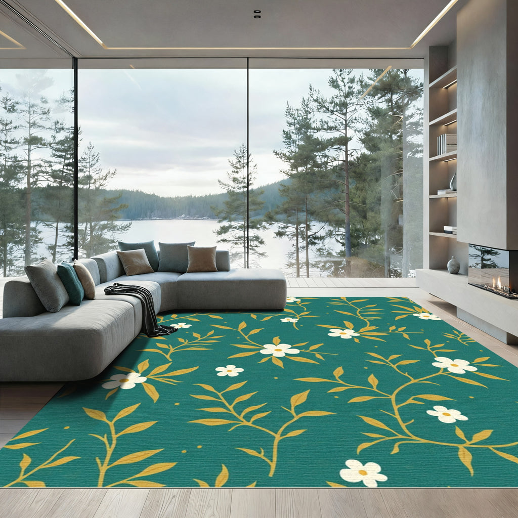 Teal Golden Floral Vine Accent Rug