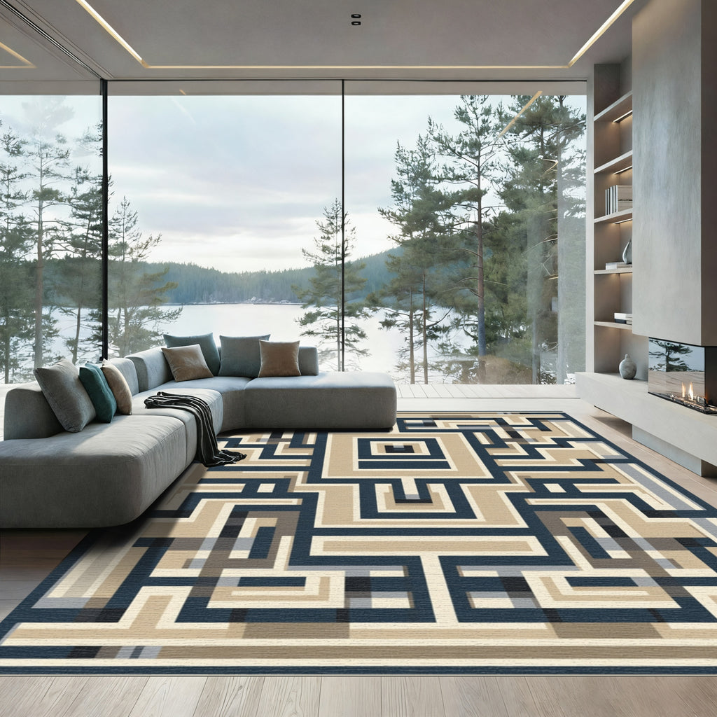Navy Beige Geometric Labyrinth Rug
