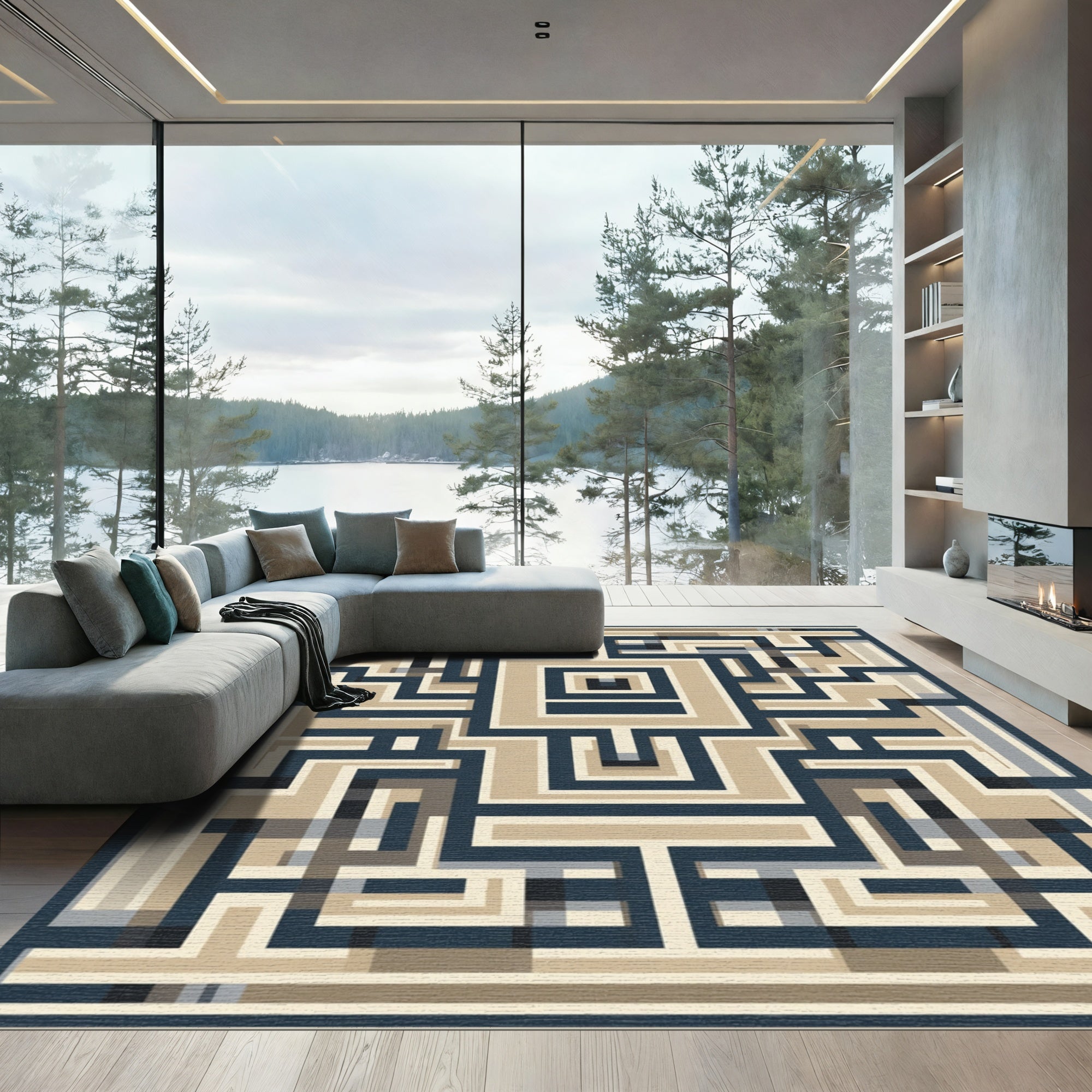 Navy Beige Geometric Labyrinth Rug