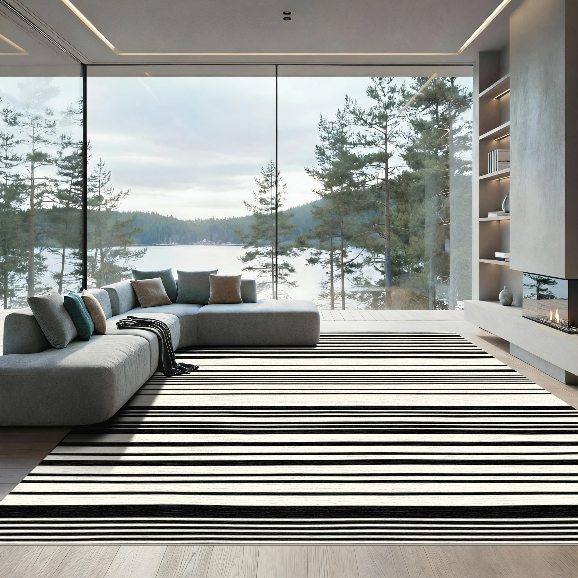 Hand Drawn Black White Stripe Rug