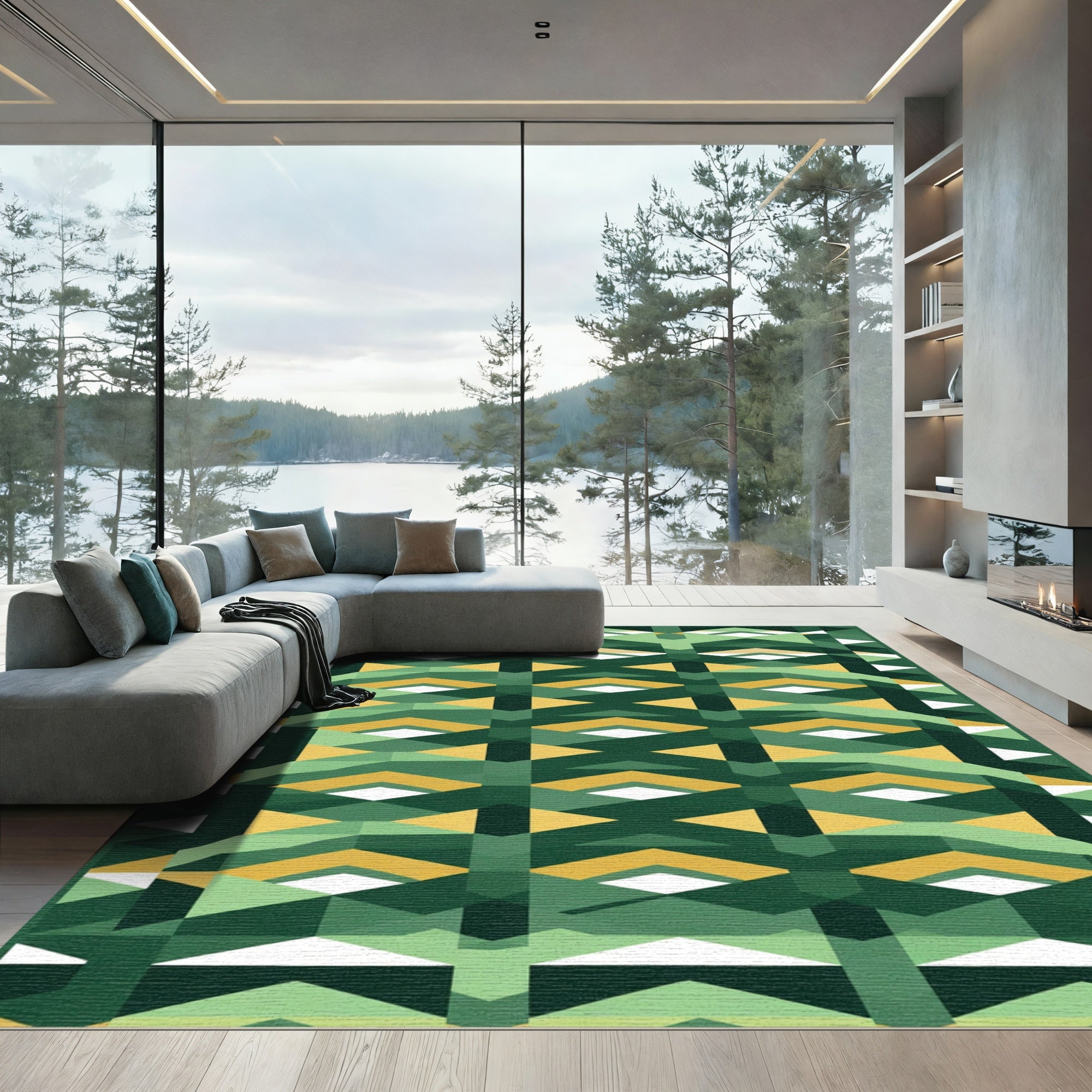 Green Geometric Diamond Weave Rug