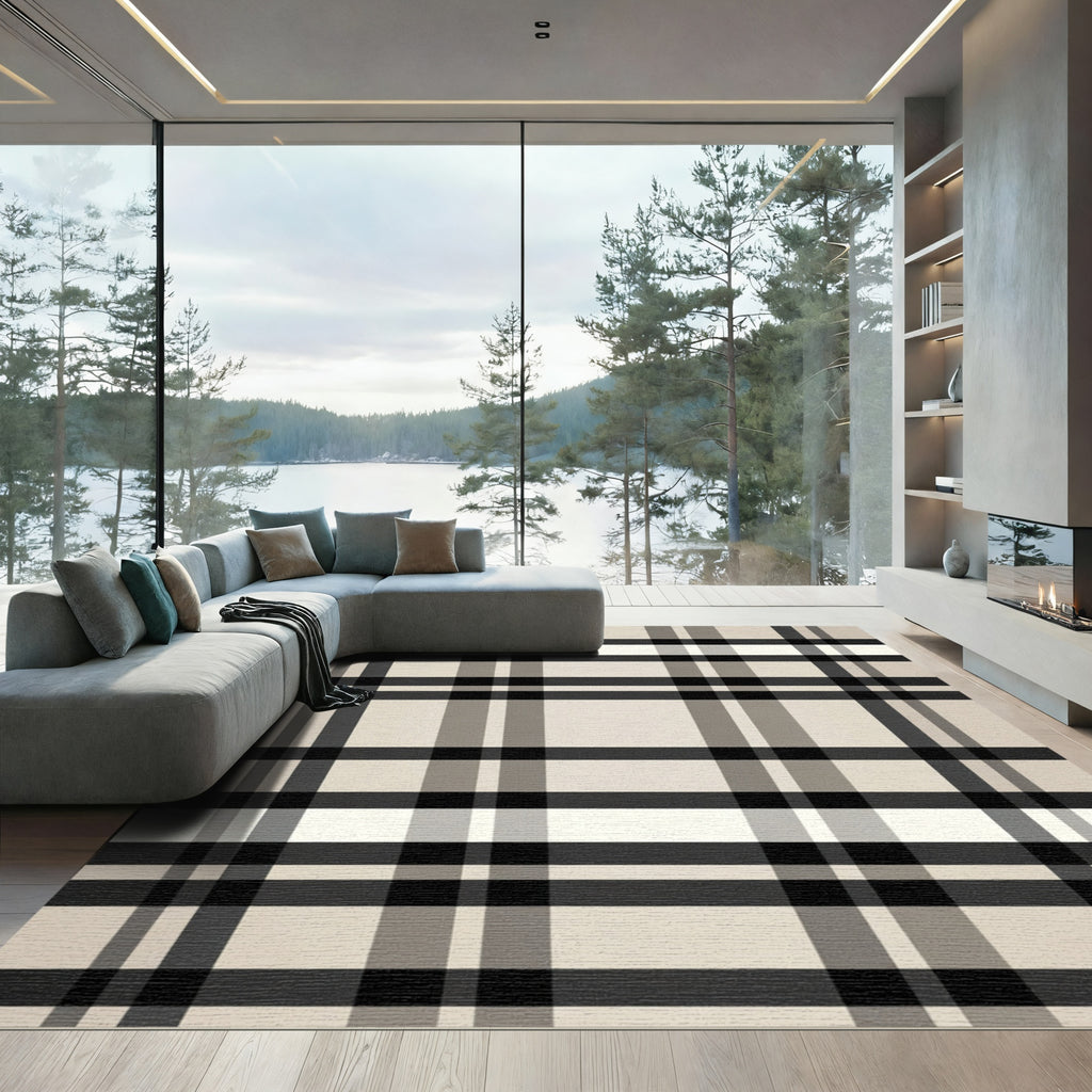 Classic Beige Black Plaid Grid Rug