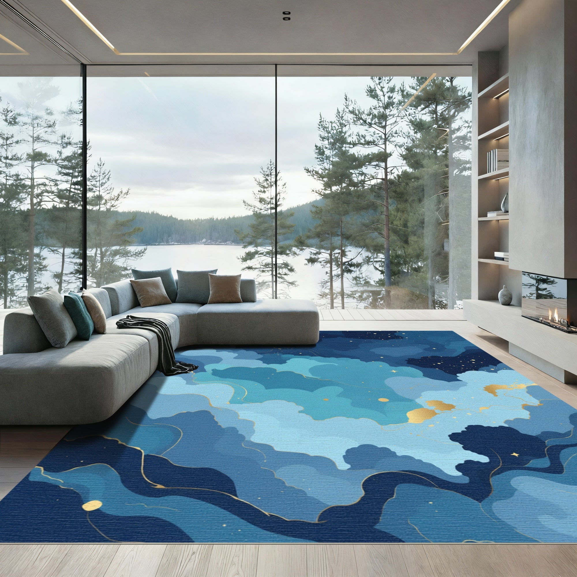 Deep Blue Sky Swirls Gold Stars Rug