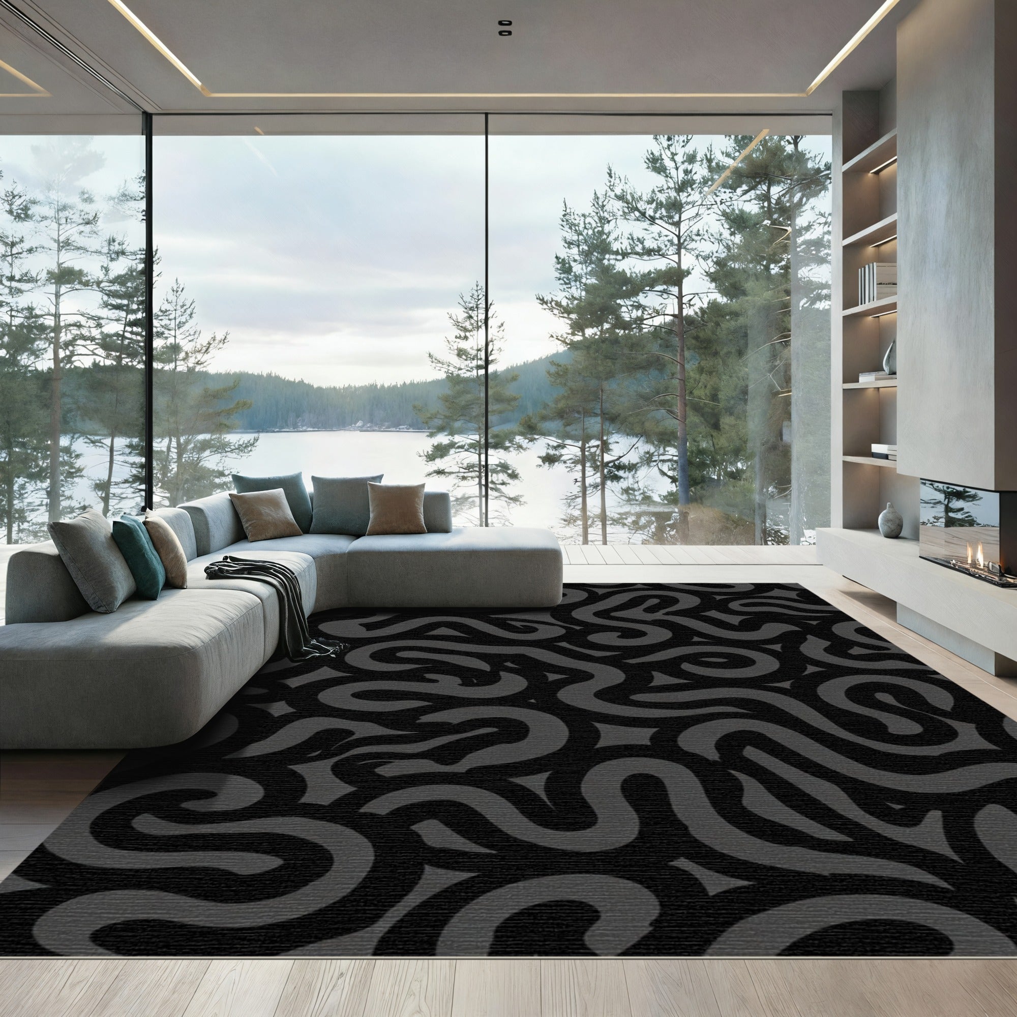 Dark Gray Organic Swirl Abstract Rug