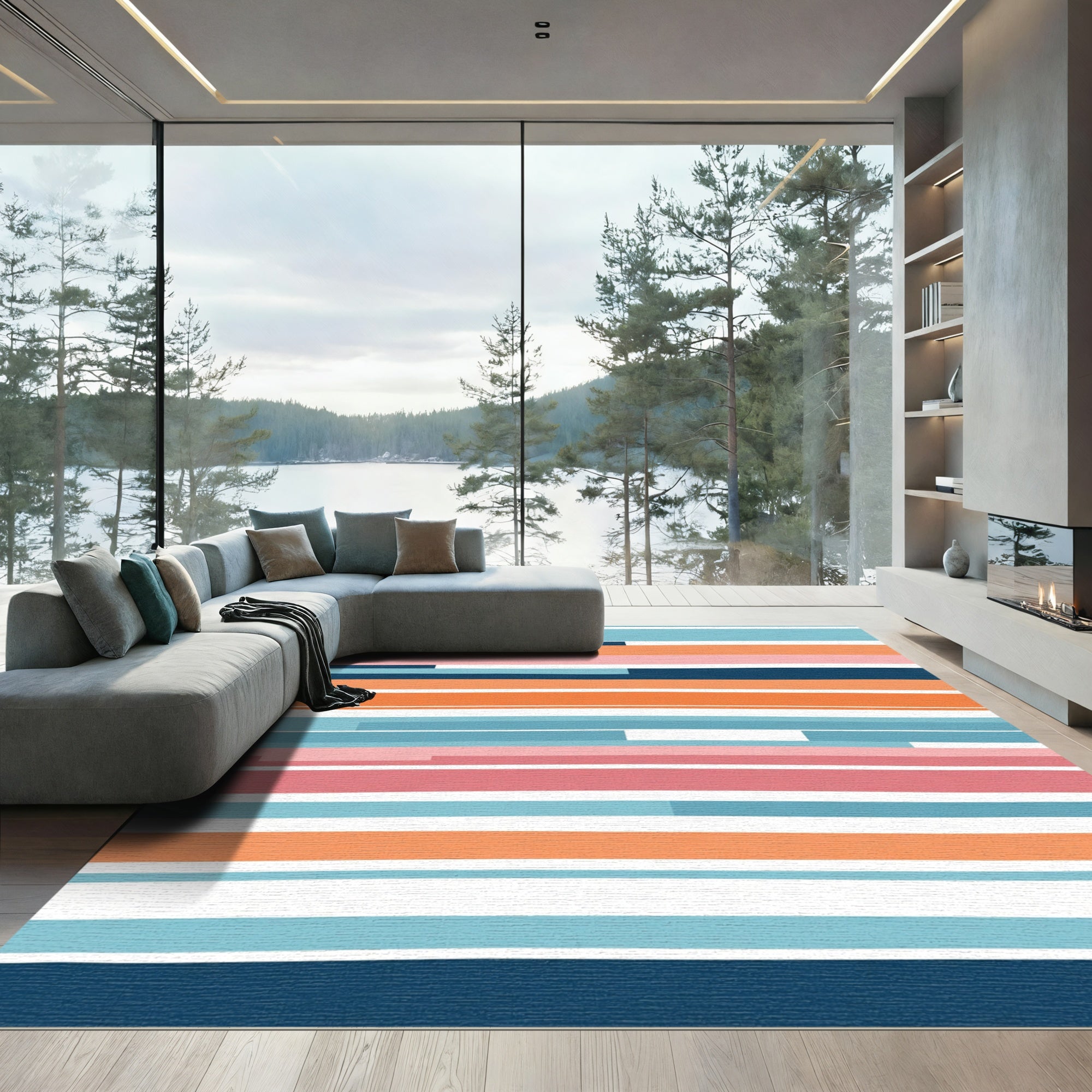Coral Blue Pink Horizon Stripes Rug